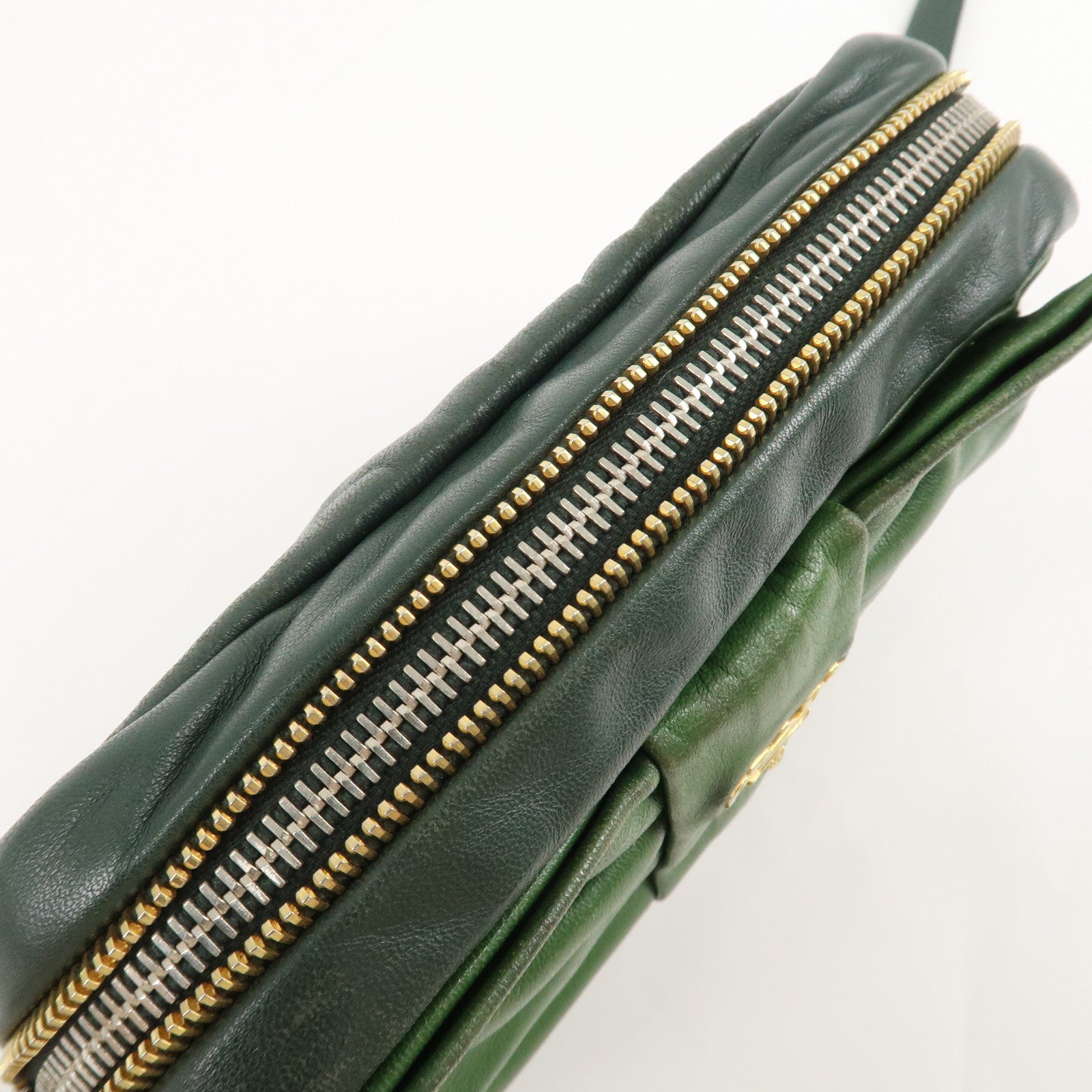 PRADA Logo Leather Ribbon Shoulder Bag Green BP0166 Used