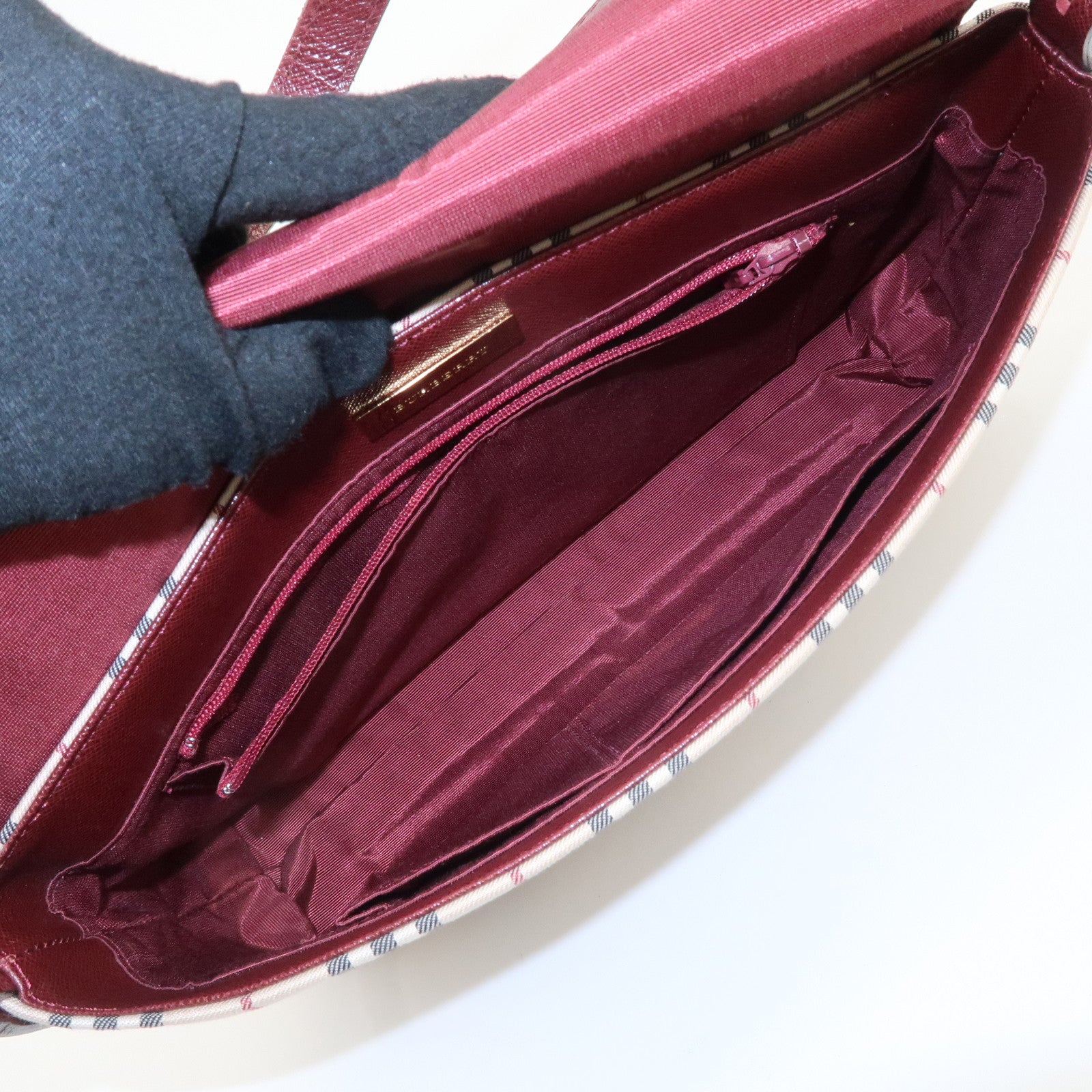 BURBERRY Canvas Leather Nova Plaid Shoulder Bag Hand Bag Bordeaux Used