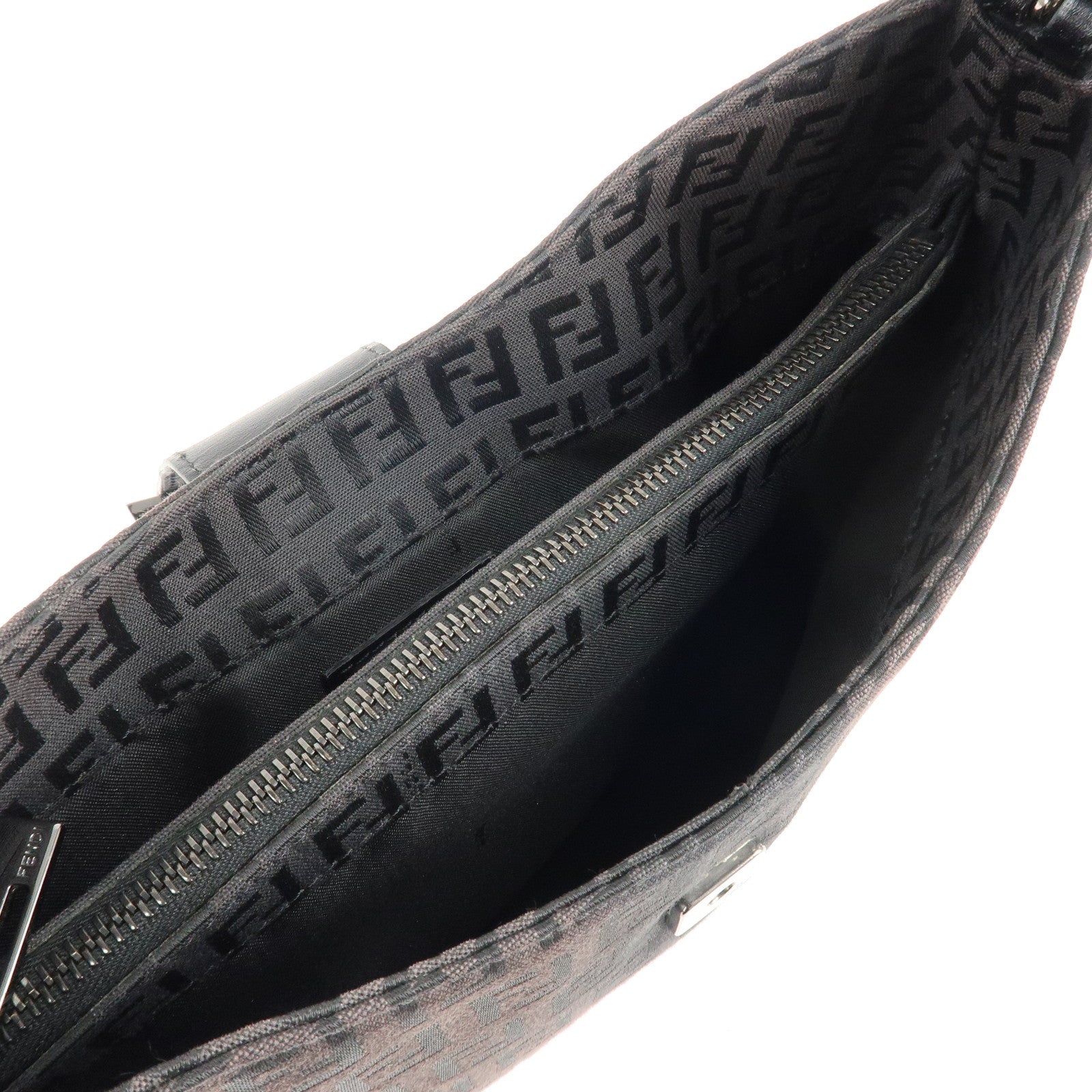 FENDI Zucchino Canvas Leather Shoulder Bag Brown Black 8BR036 Used