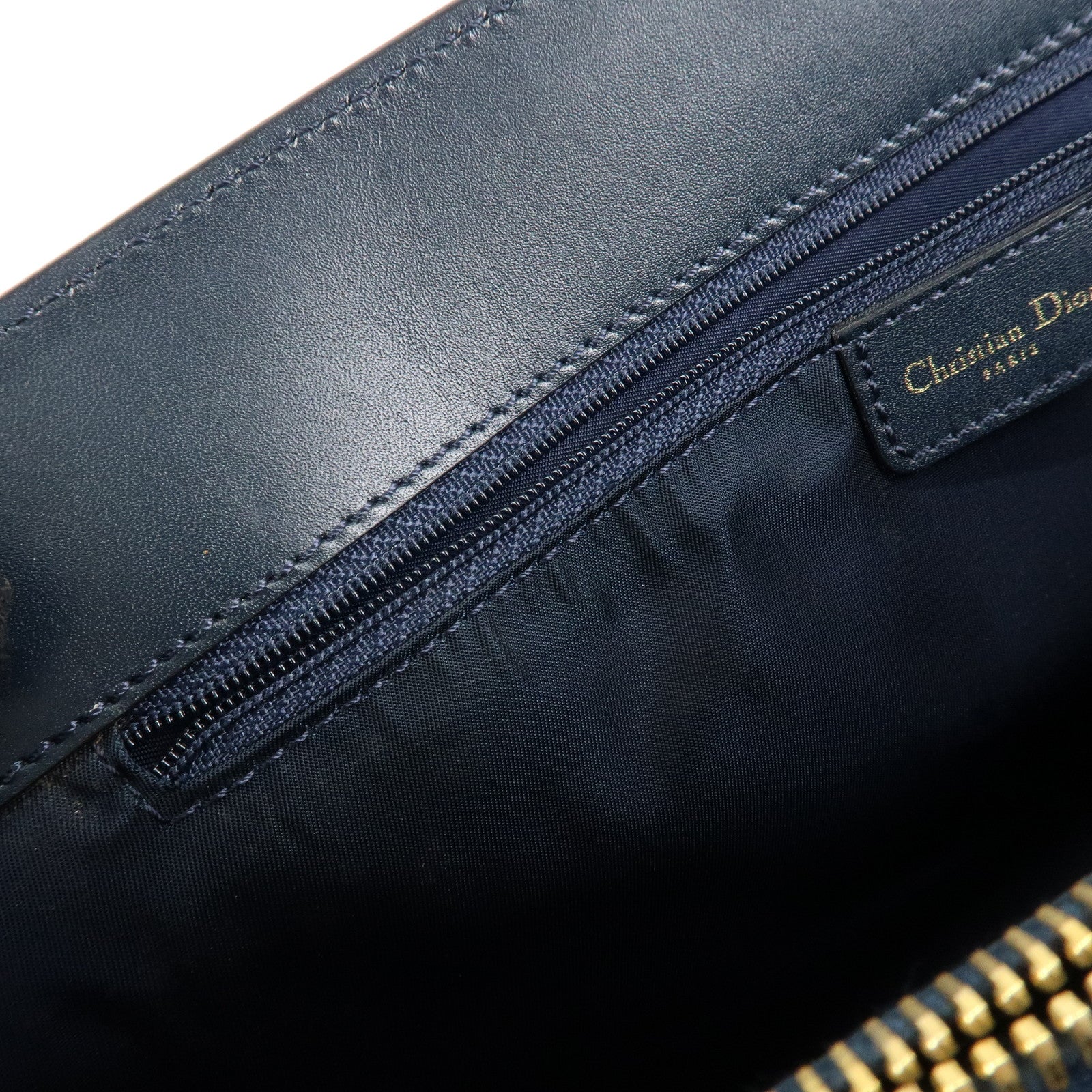 Chiristian Dior Trotter Jacquard Leather Tote Bag Hand Bag Navy Used