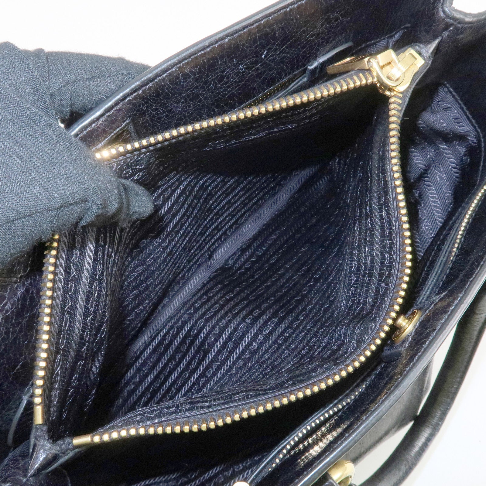 PRADA Leather 2way Bag Hand Bag Shoulder Bag Black Gold HDW Used