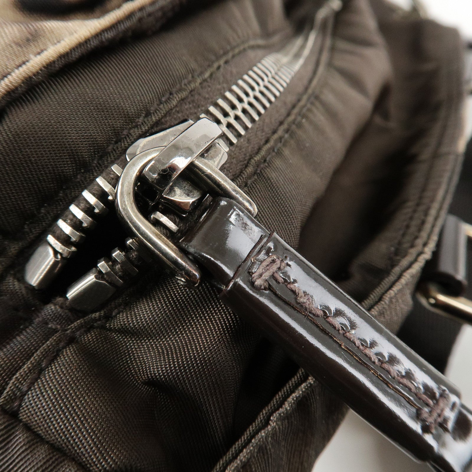 PRADA Nylon Patent Leather 2Way Bag Beige Black Dark Brown Used