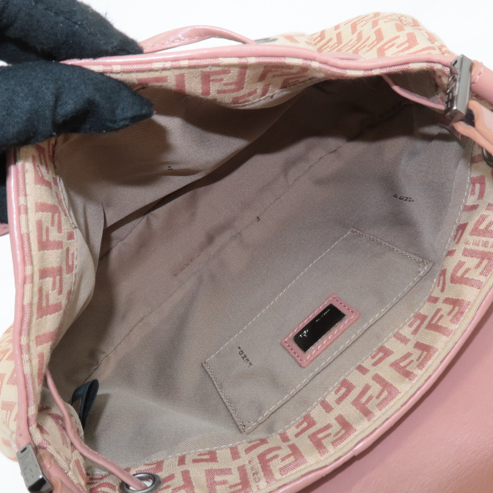 FENDI Zucchino Canvas Leather Shoulder Bag Beige Pink 8BR282 Used