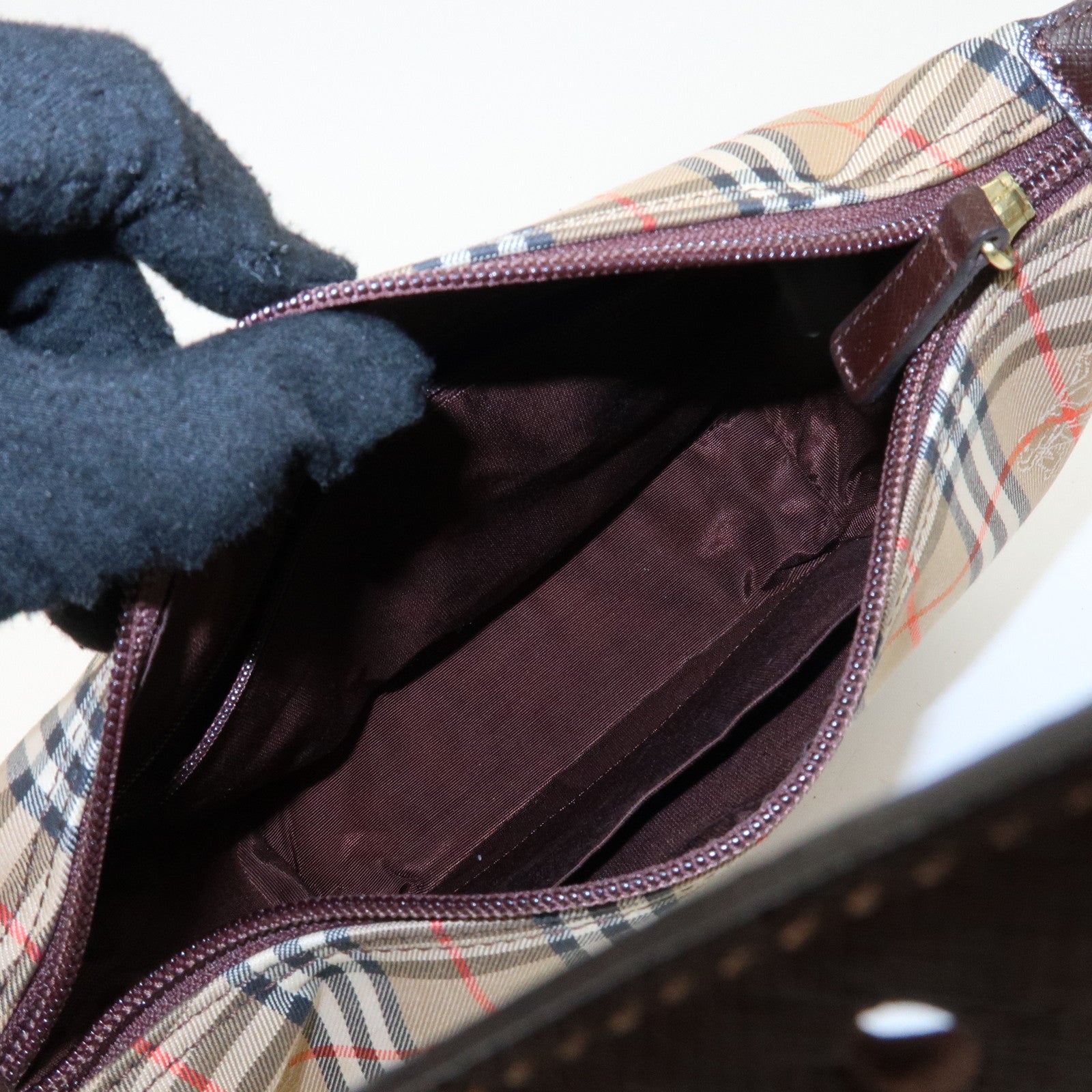 BURBERRY Nylon Leather Nova Plaid Shoulder Hand Bag Beige Black Used