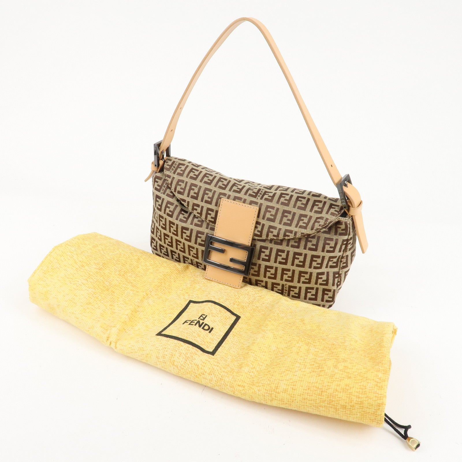 FENDI Zucchino Canvas Leather Shoulder Bag Beige 8BR003 Used