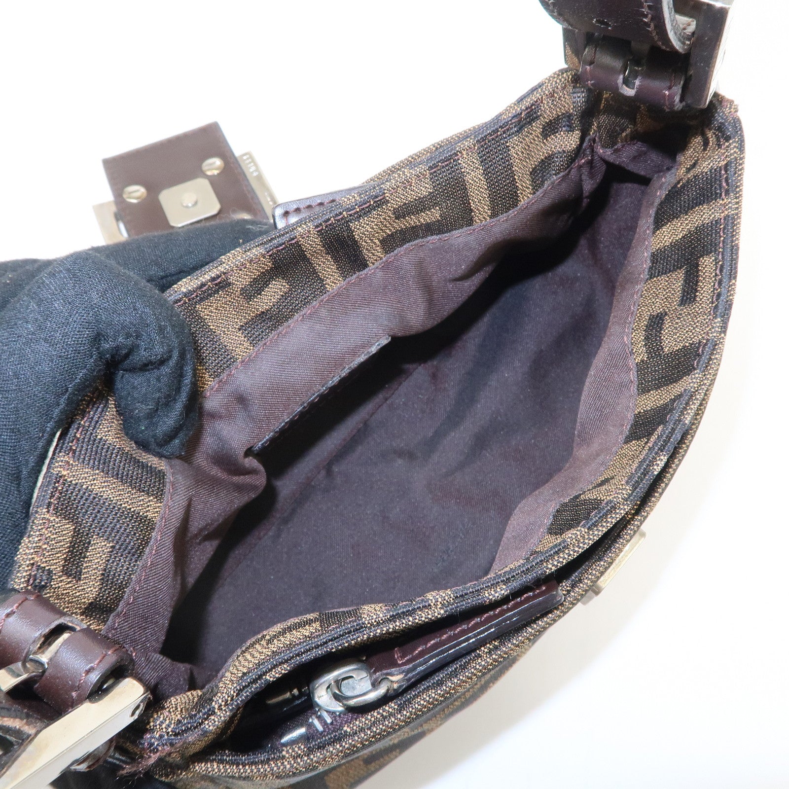 FENDI Zucca Canvas Leather Hand Bag Brown Black Used