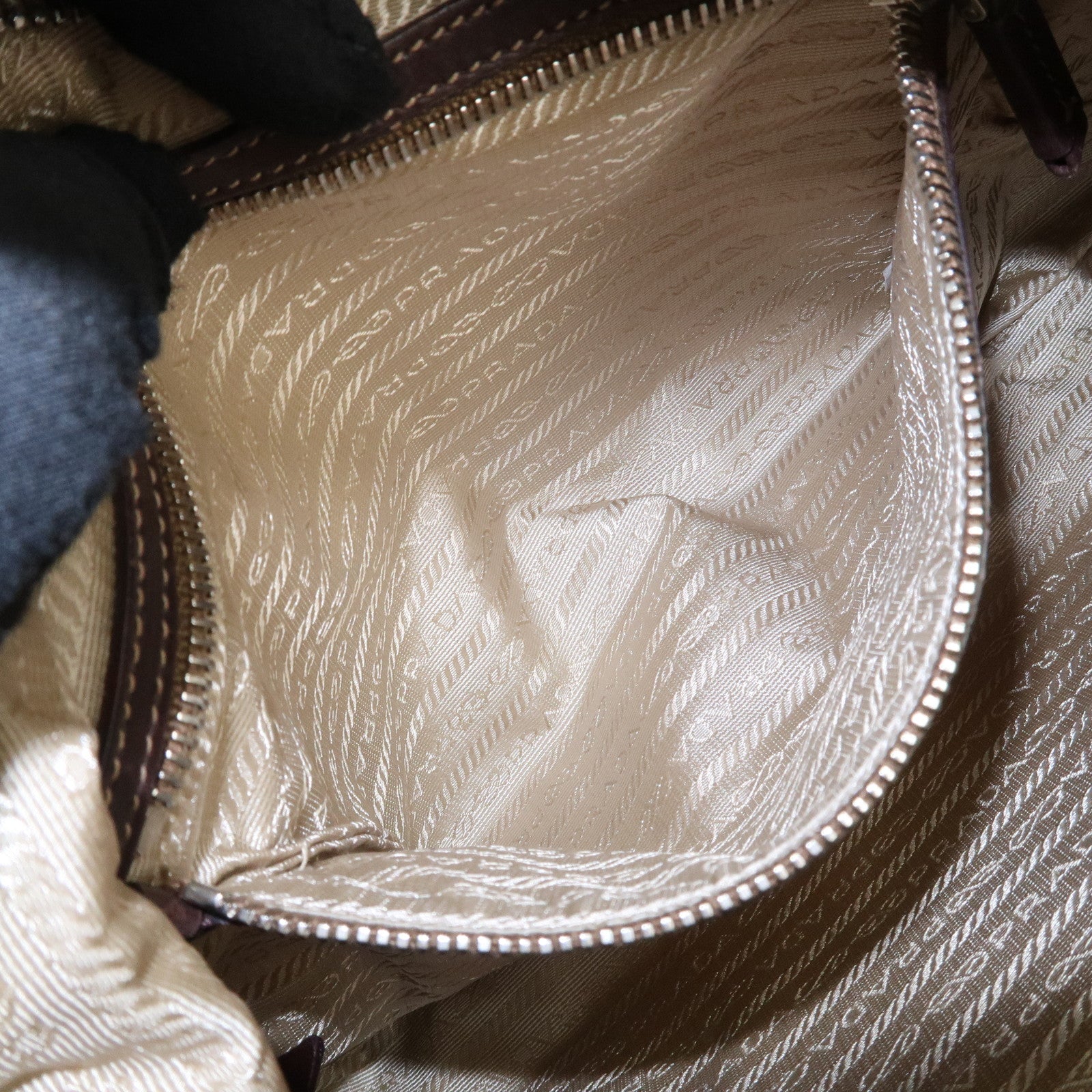 PRADA Logo Jacquard Leather Shoulder Bag Beige Brown Used