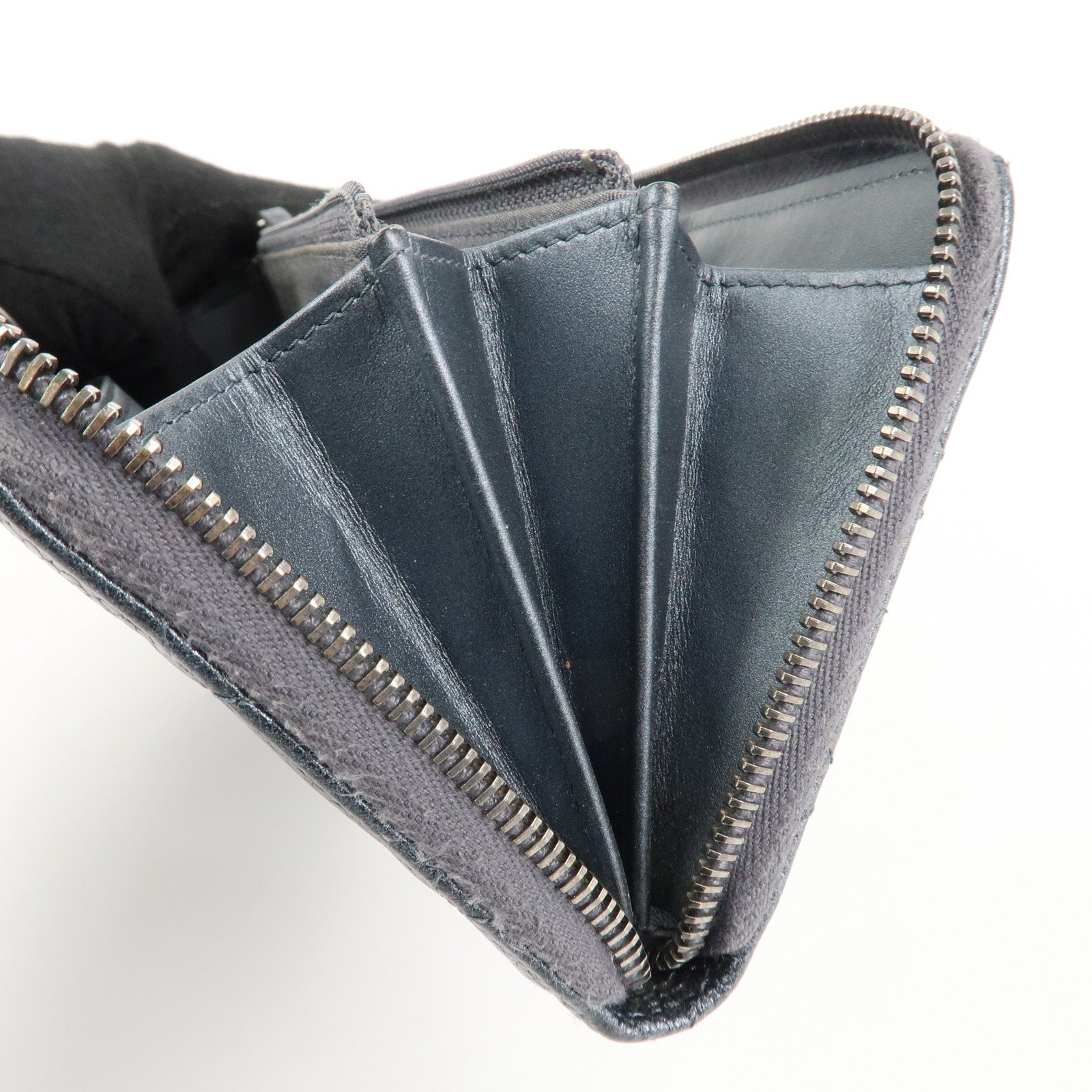 CHANEL Matelasse Caviar Skin Zip Around Long Wallet Metal Blue Used