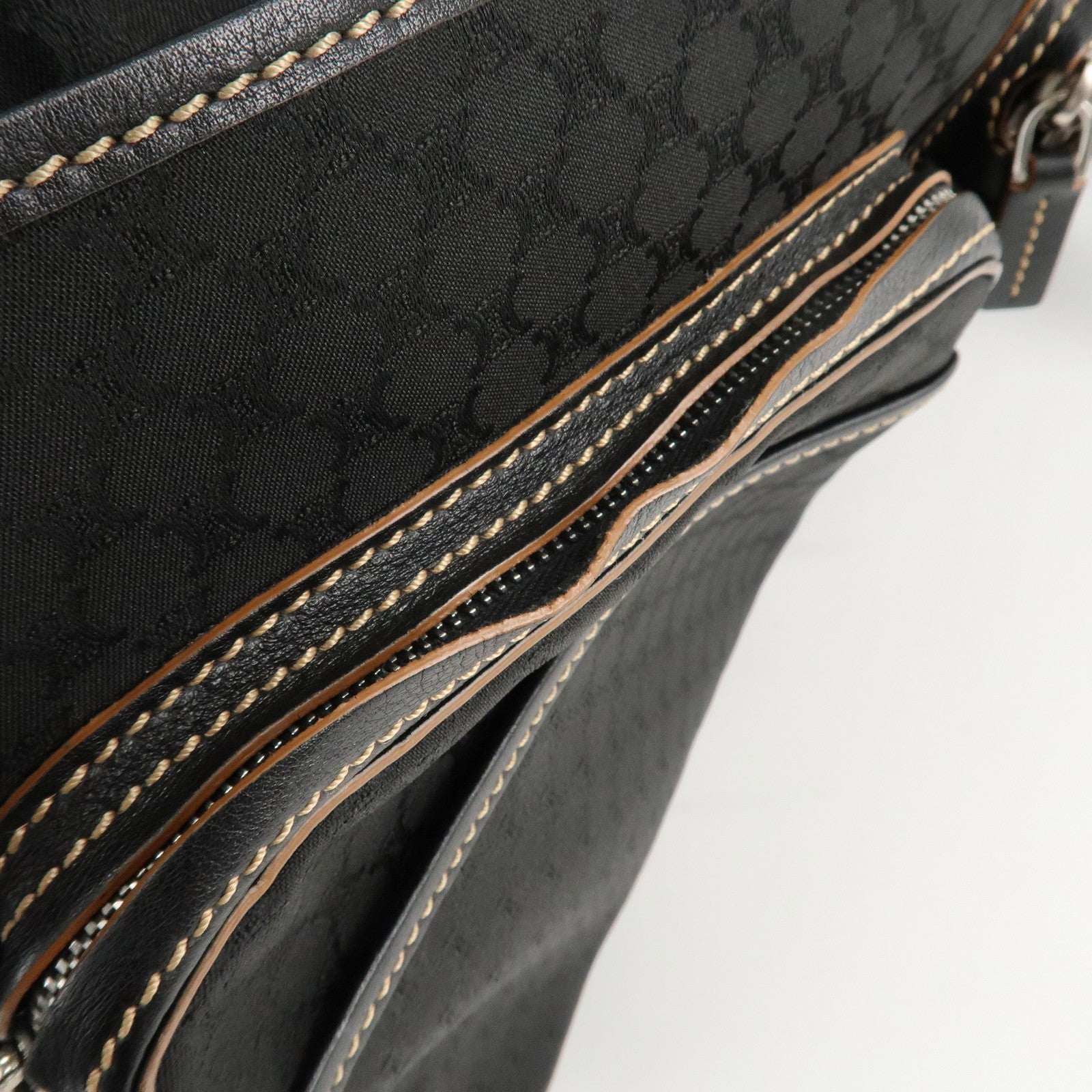 CELINE Macadam Canvas Leather Shoulder Bag Black Used