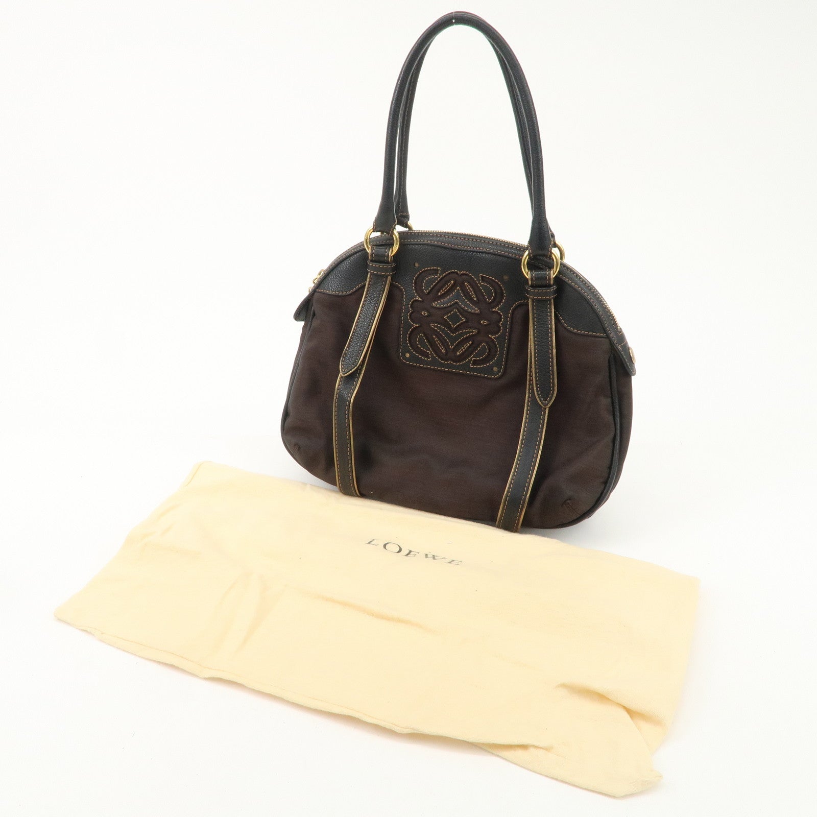 LOEWE Anagram Canvas Leather Hand Bag 340807 Brown Black Used