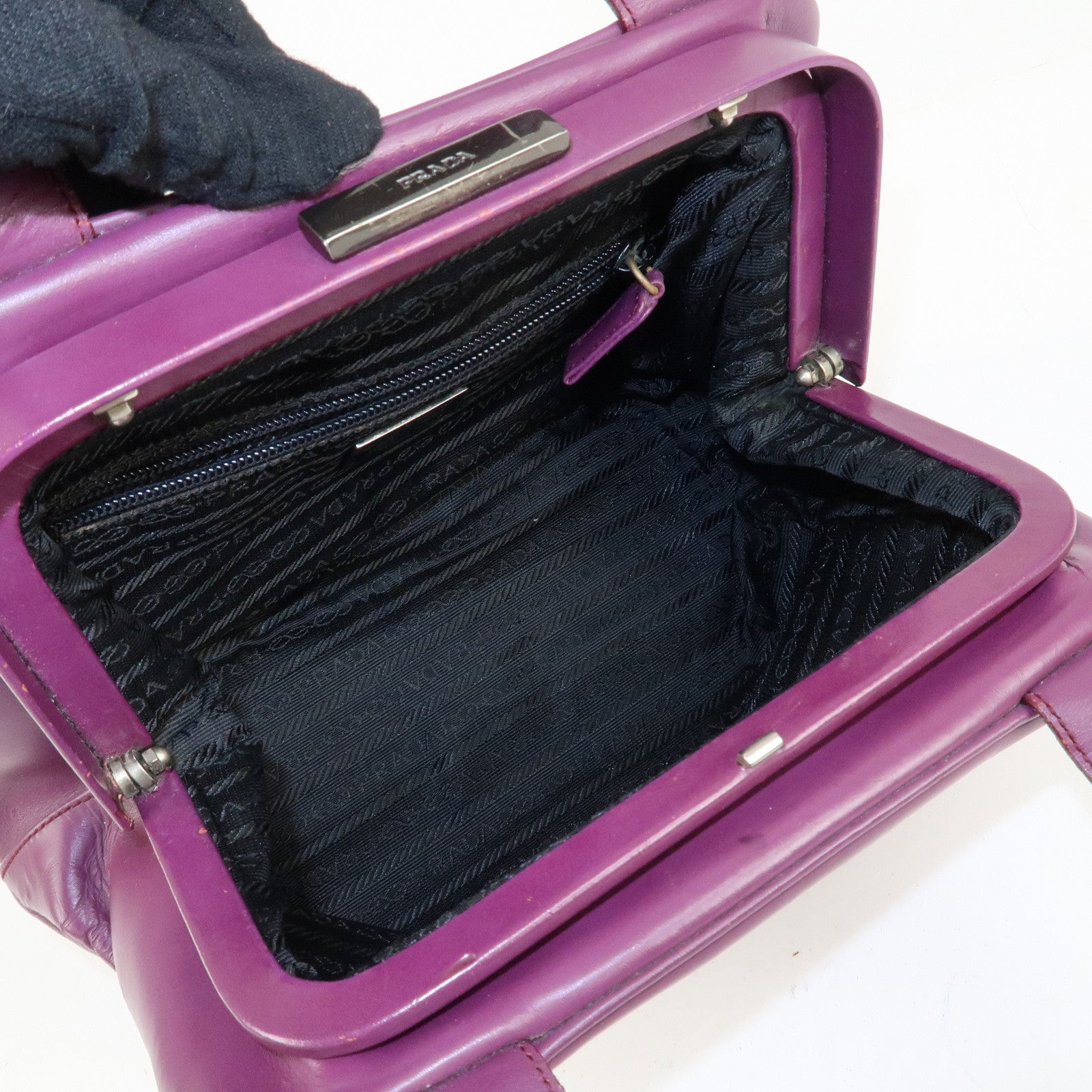 PRADA Leather Tote Bag Hand Bag Purple Antique Black HDW Used