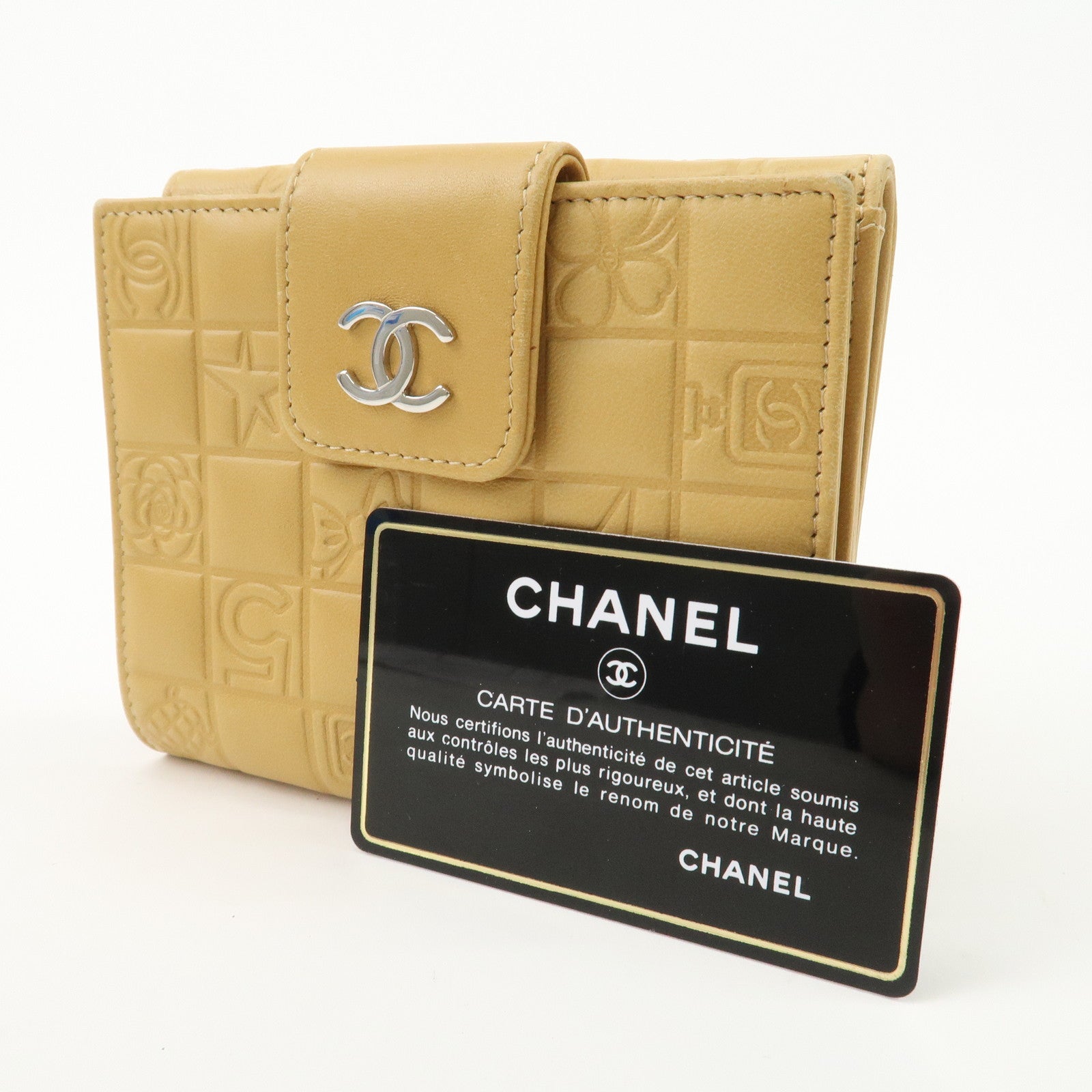 CHANEL Icon Line Lamb Skin W Flap Bi-fold Wallet Beige A24212 Used