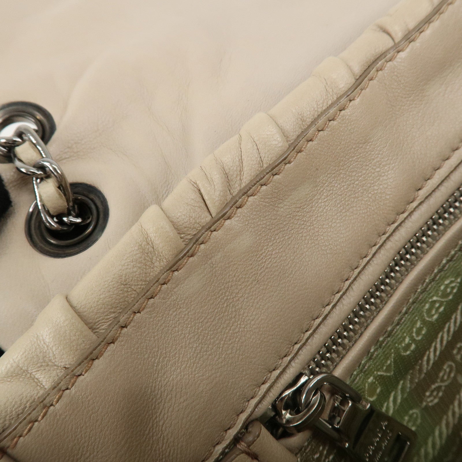 PRADA Leather Gathered Chain Shoulder Bag Ivory B4695C Used