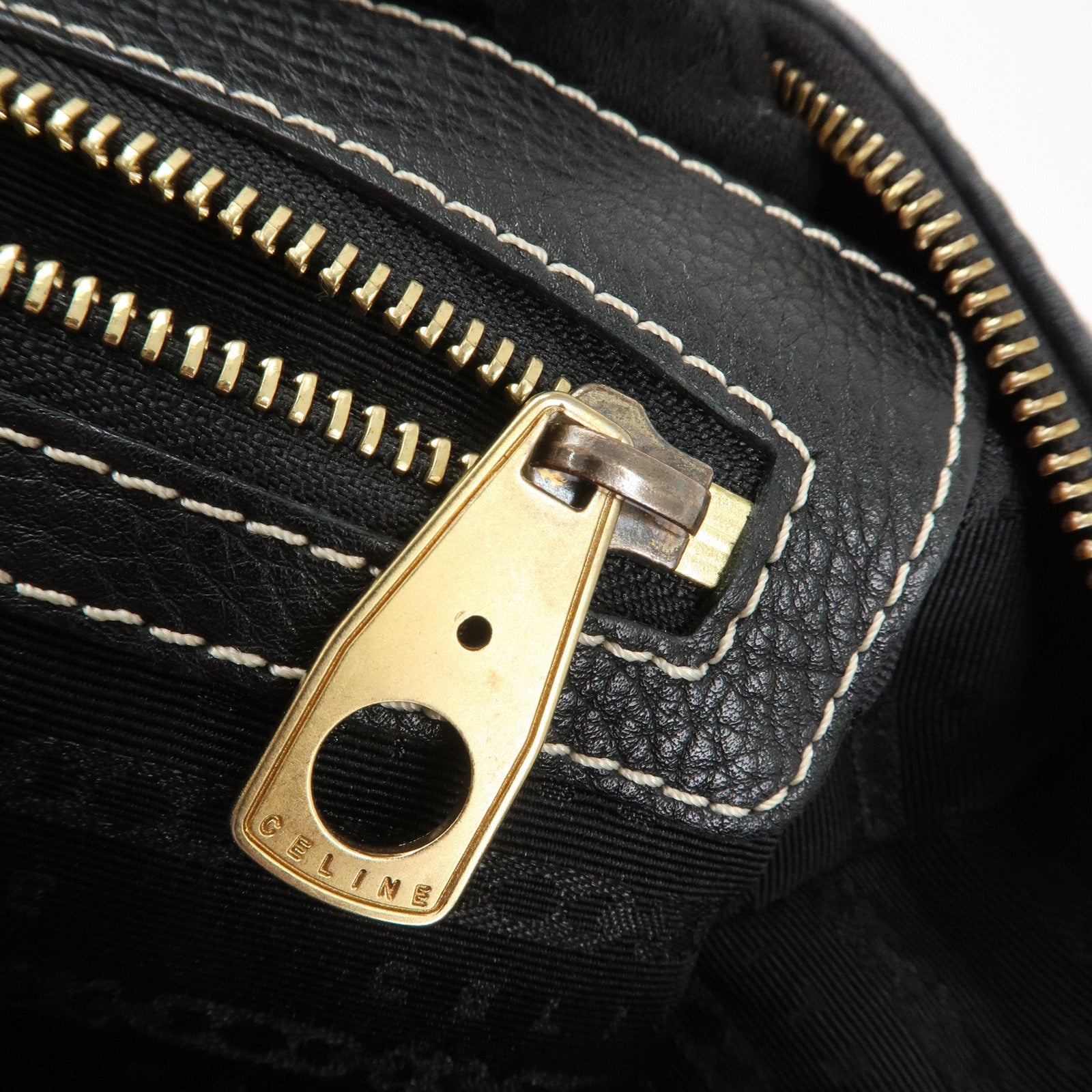 CELINE Leather Macadam Engraved Boston Bag Shoulder Bag Black Used