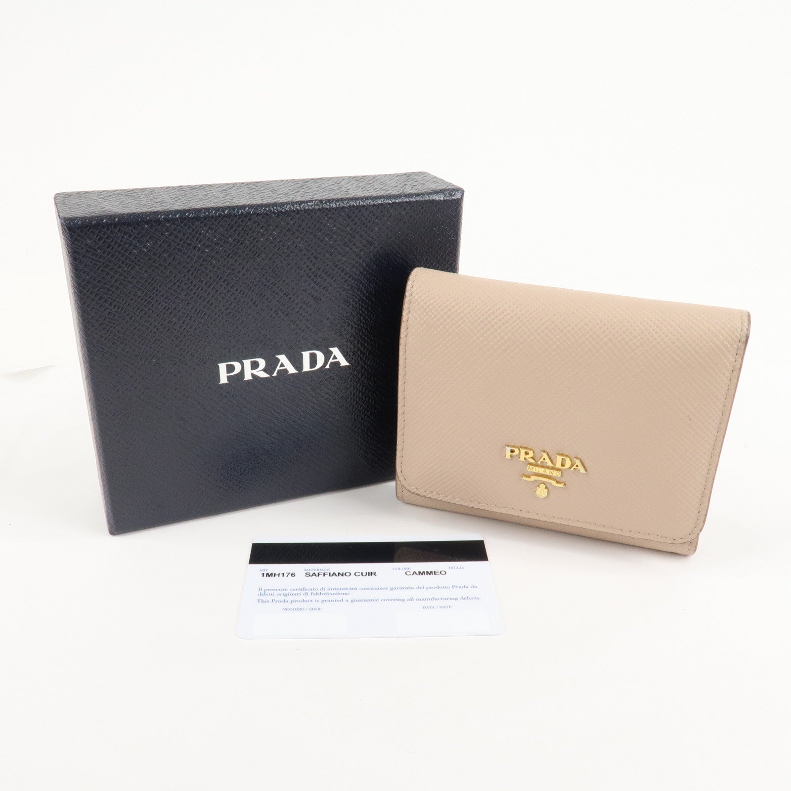 PRADA Saffiano Leather Trifold Compact Wallet Beige 1MH176 Used