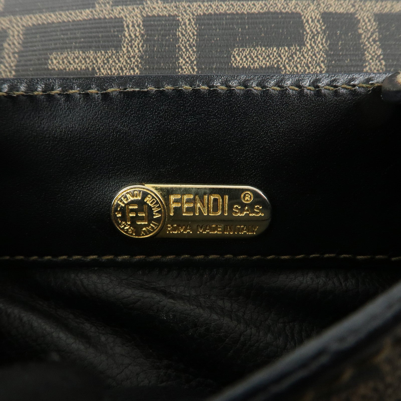 FENDI Zucca Logo Print PVC Leather Shoulder Bag Black Brown Used