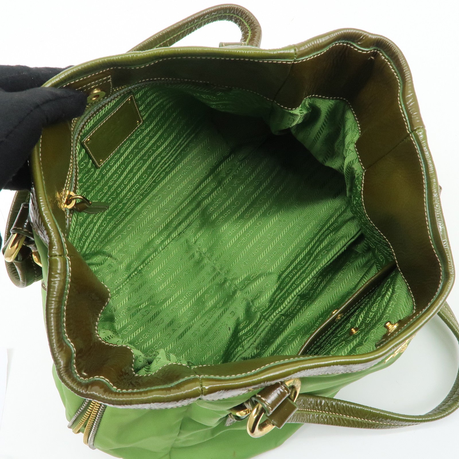 PRADA Nylon Patent Leather Tote Bag Shoulder Bag Green Khaki Used