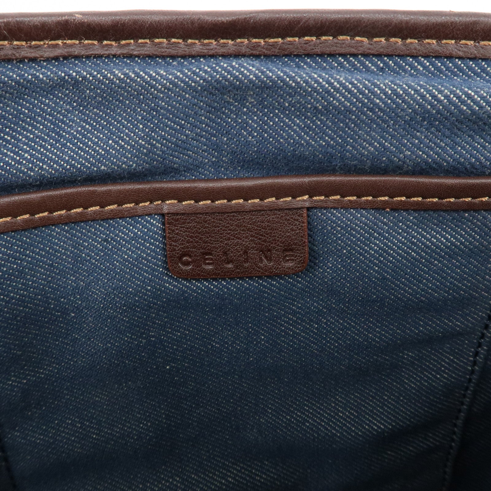 CELINE Macadam Denim Canvas Leather Boogie Bag Tote Bag Blue Brown Used