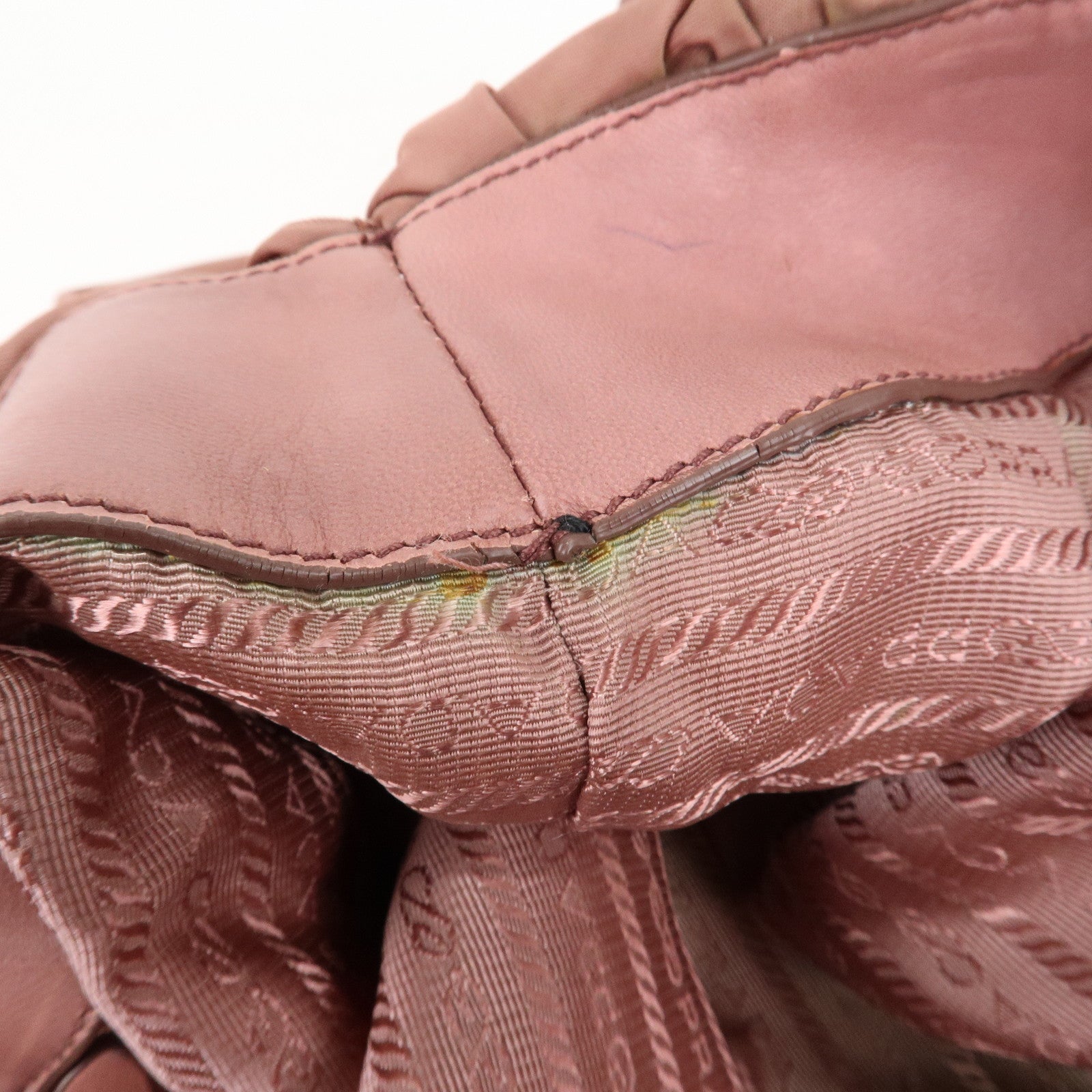 Prada Nylon Leather Gathered Chain Shoulder Tote Bag Pink Black Used