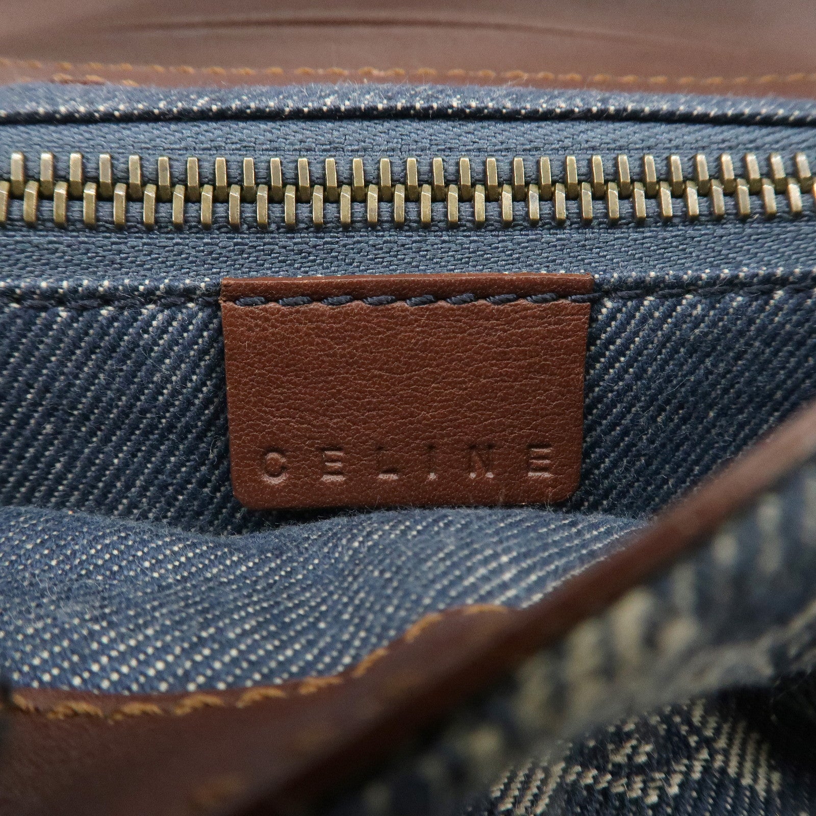 CELINE Macadam Denim Leather Shoulder Bag Blue Brown Used