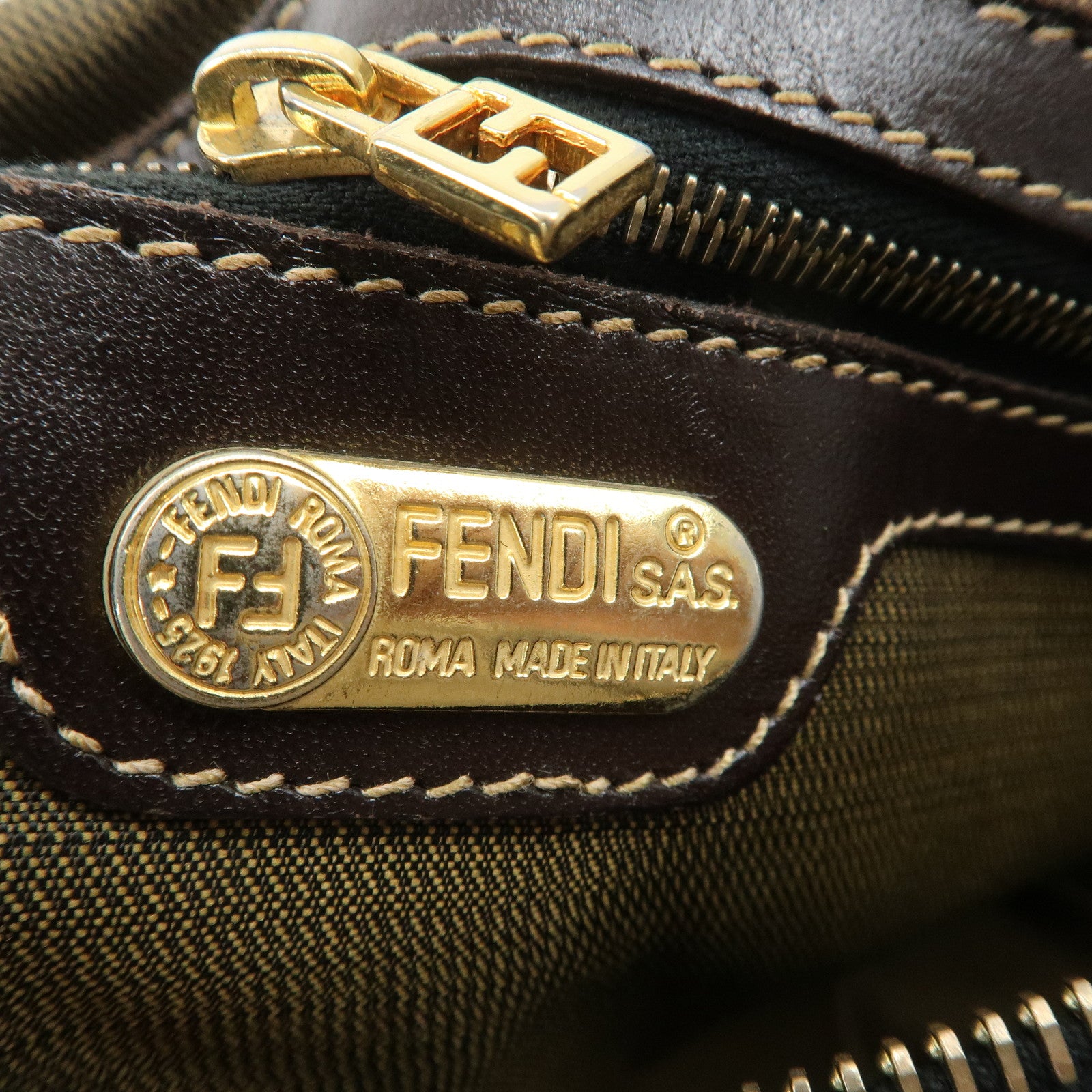 FENDI Zucca Canvas Leather Hand Bag Brown Black Used