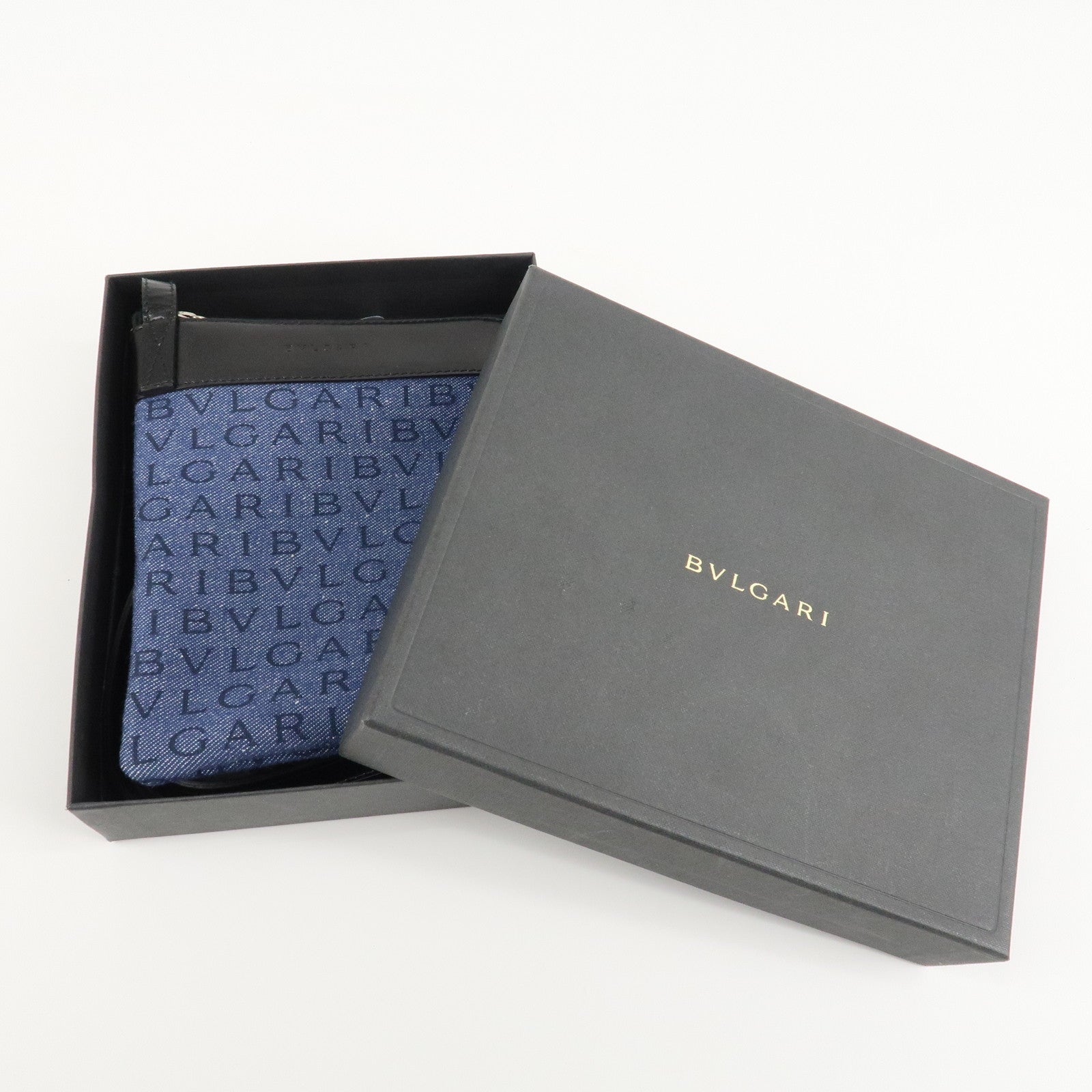 BVLGARI Logo Mania Canvas Leather Shoulder Bag Blue Used