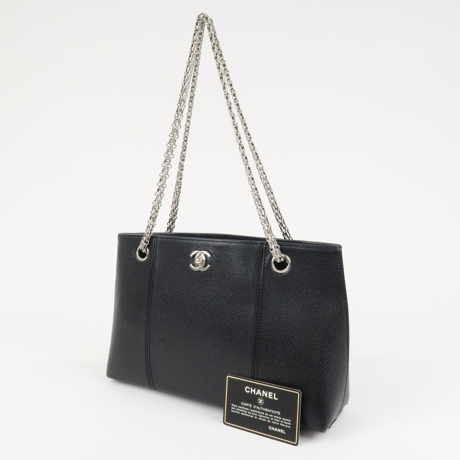 CHANEL Caviar Skin Chain Tote Bag Black Silver Hardware Used