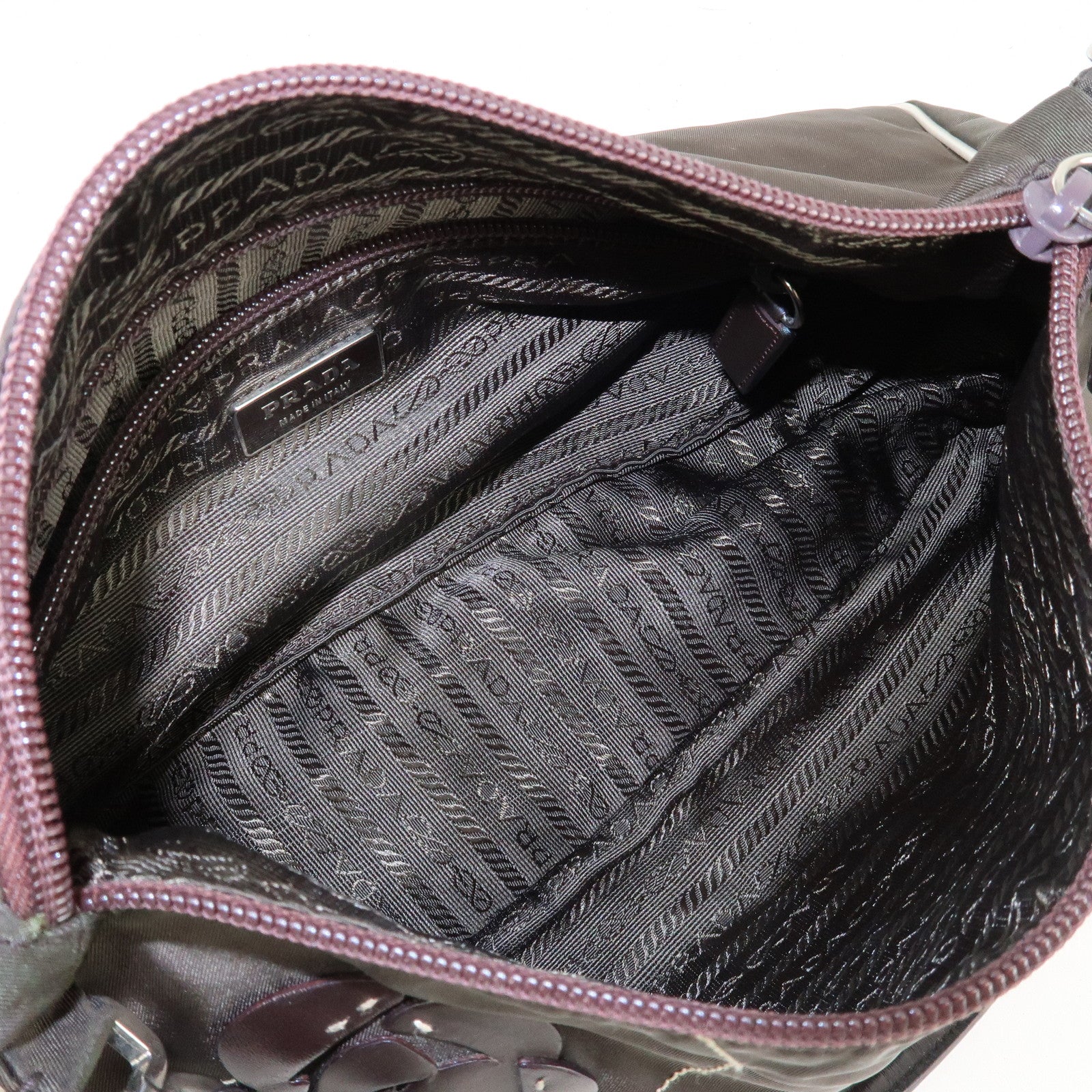 PRADA Nylon Leather Shoulder Bag Flower Motif Green Brown Used