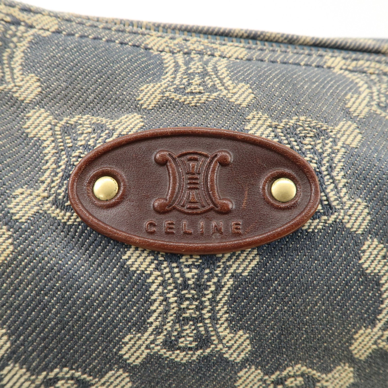 CELINE Macadam Canvas Leather Shoulder Bag Blue Brown Used