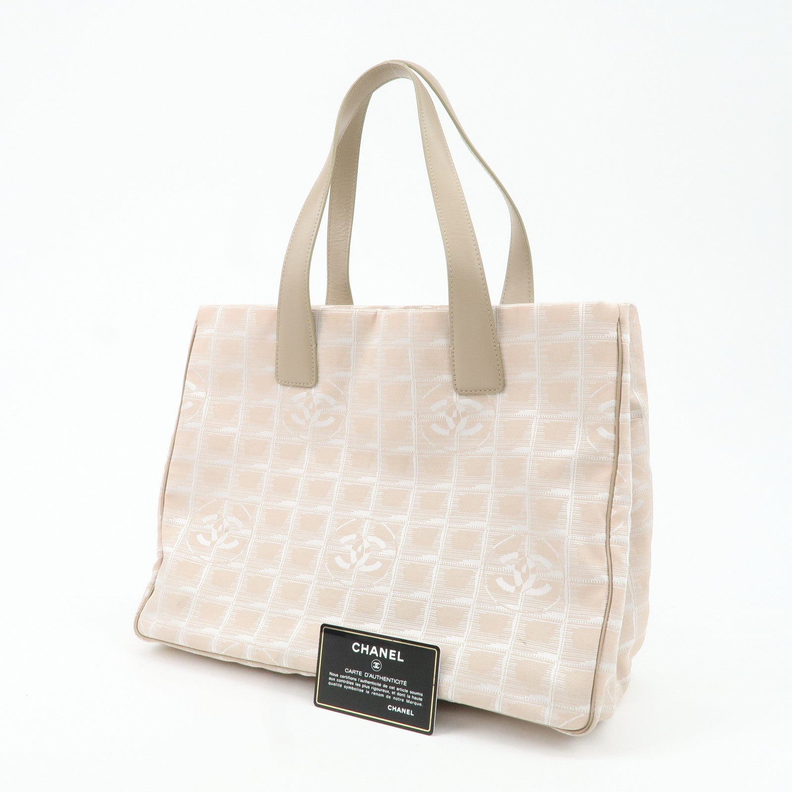 CHANEL New Travel Line Nylon Jacquard Leather Tote Bag Beige A15991 Used