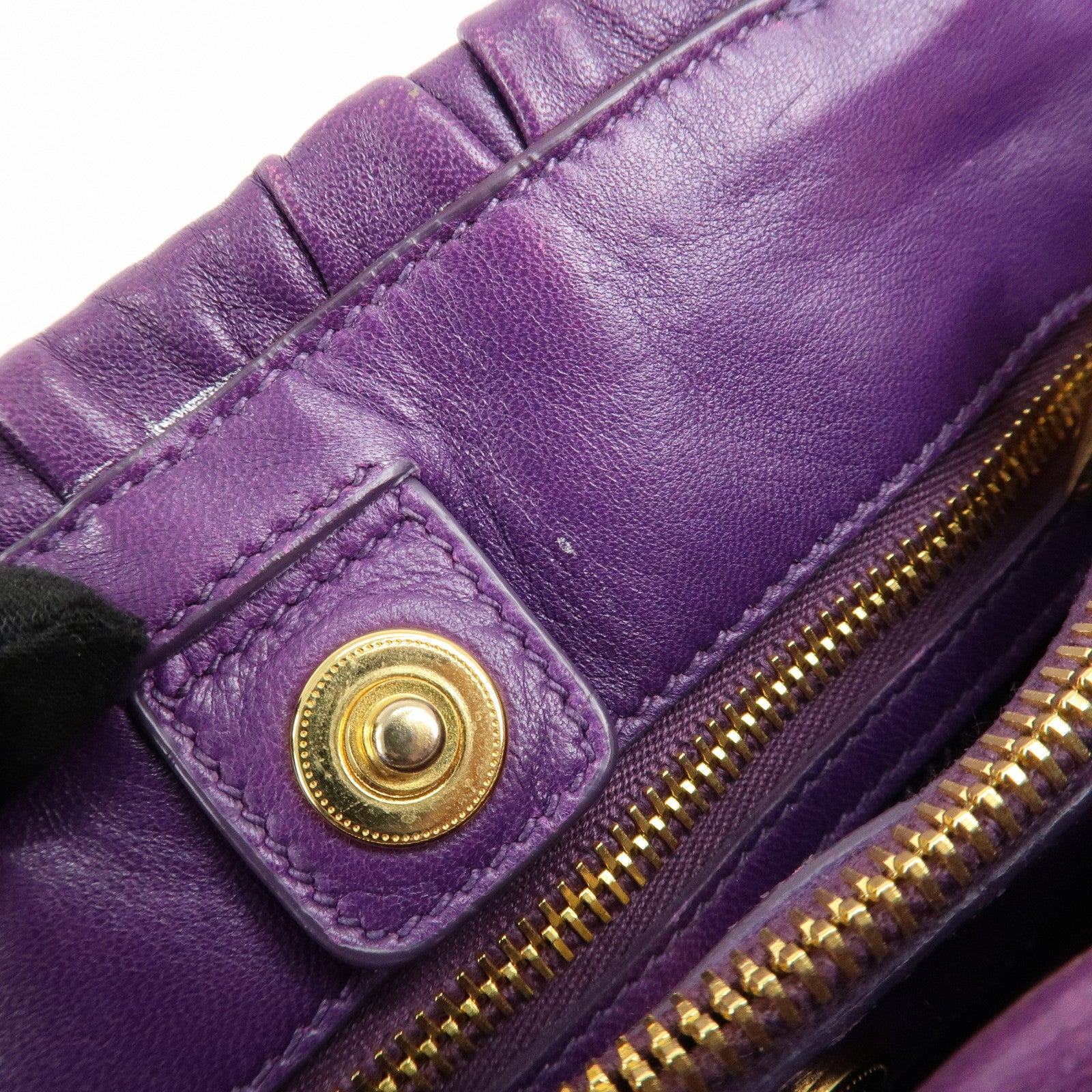 PRADA Leather Gathered Hand Bag Purple Gold Hardware BN2394 Used