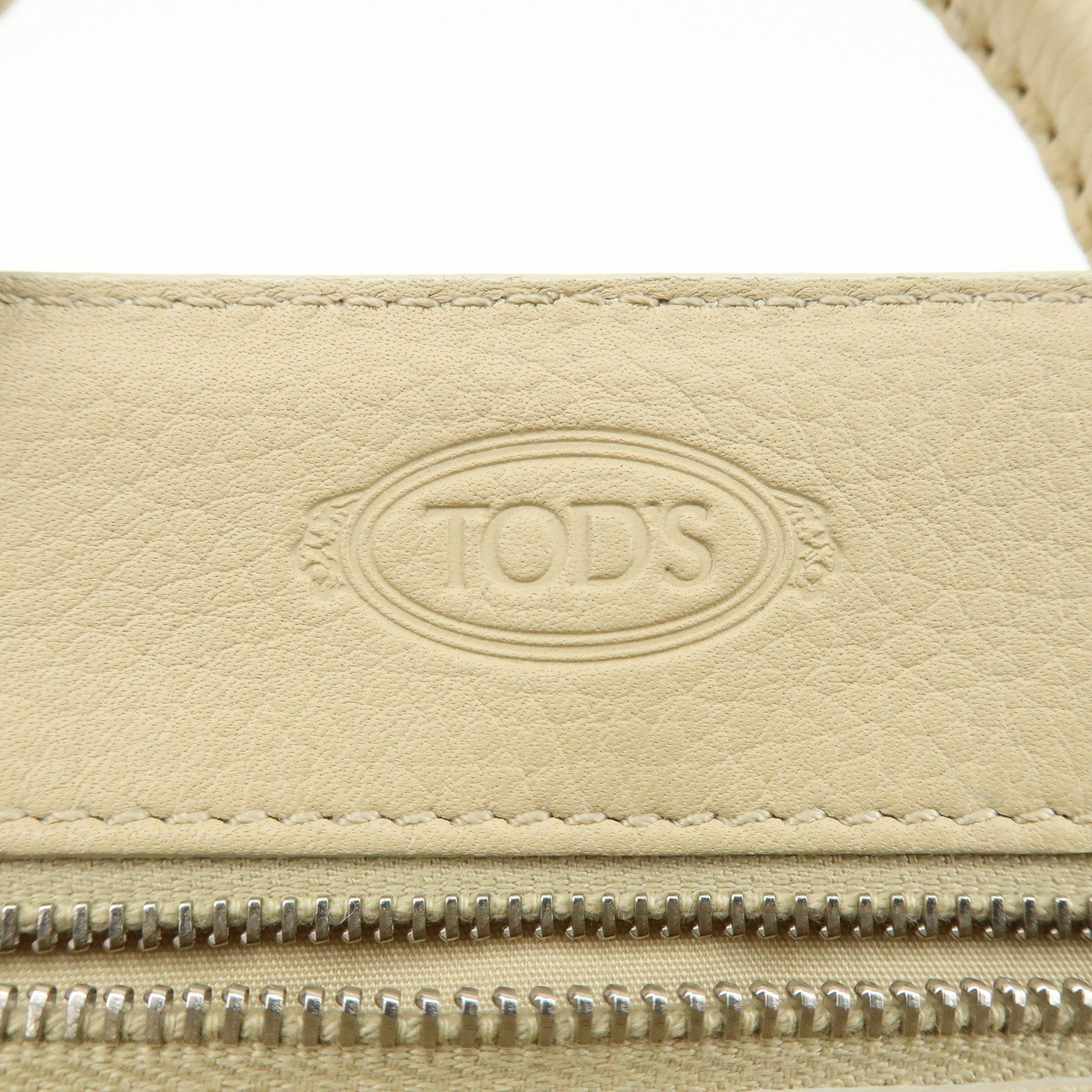 TOD'S Logo Leather Tote Bag Hand Bag Beige Cream Used