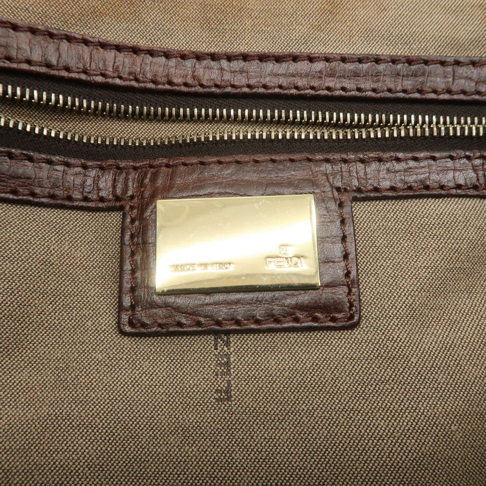 FENDI Zucchino Canvas Leather Tote Bag Khaki Brown 8BH161 Used
