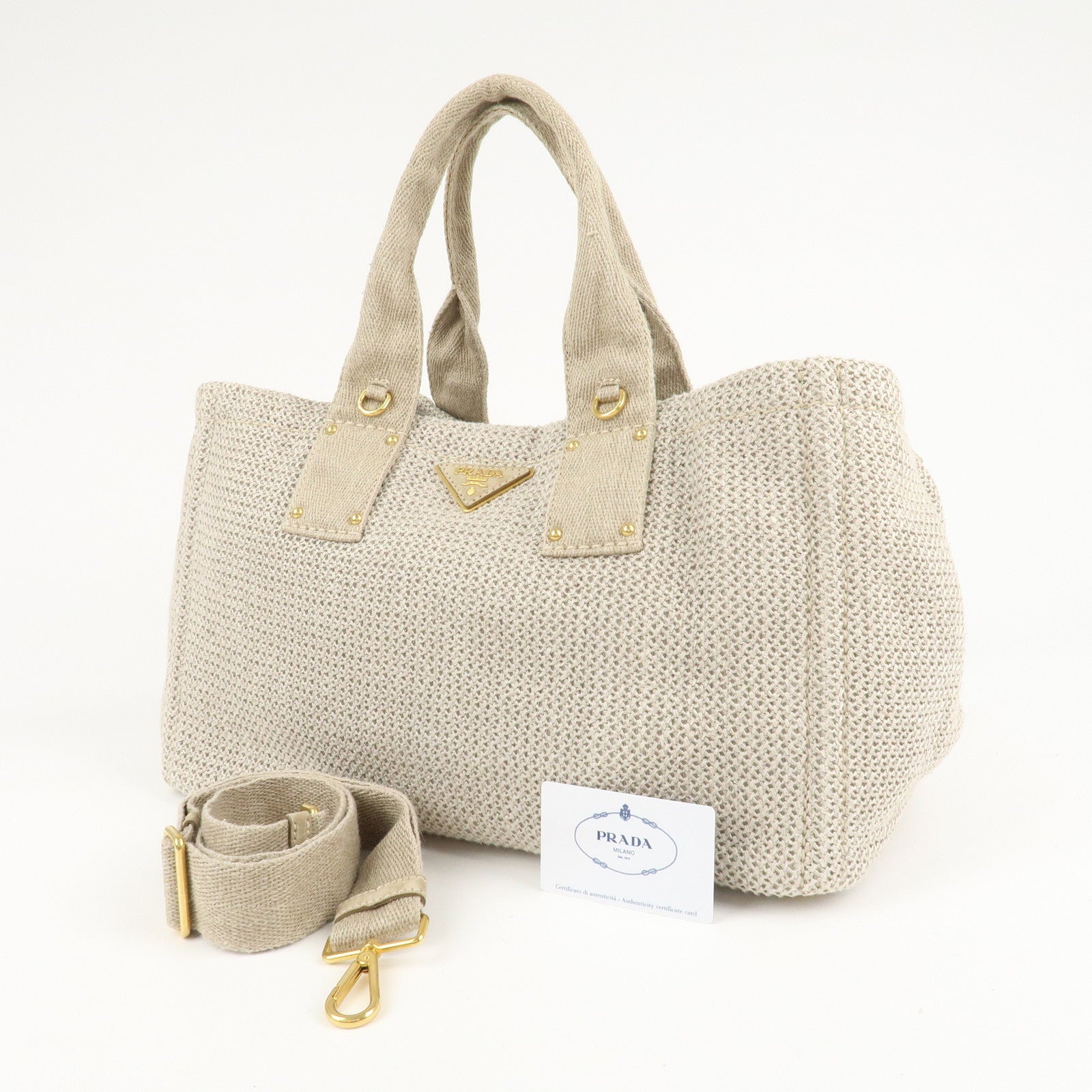 PRADA Logo Canapa Linen Canvas 2Way Tote Bag Shoulder Bag BN2038 Used