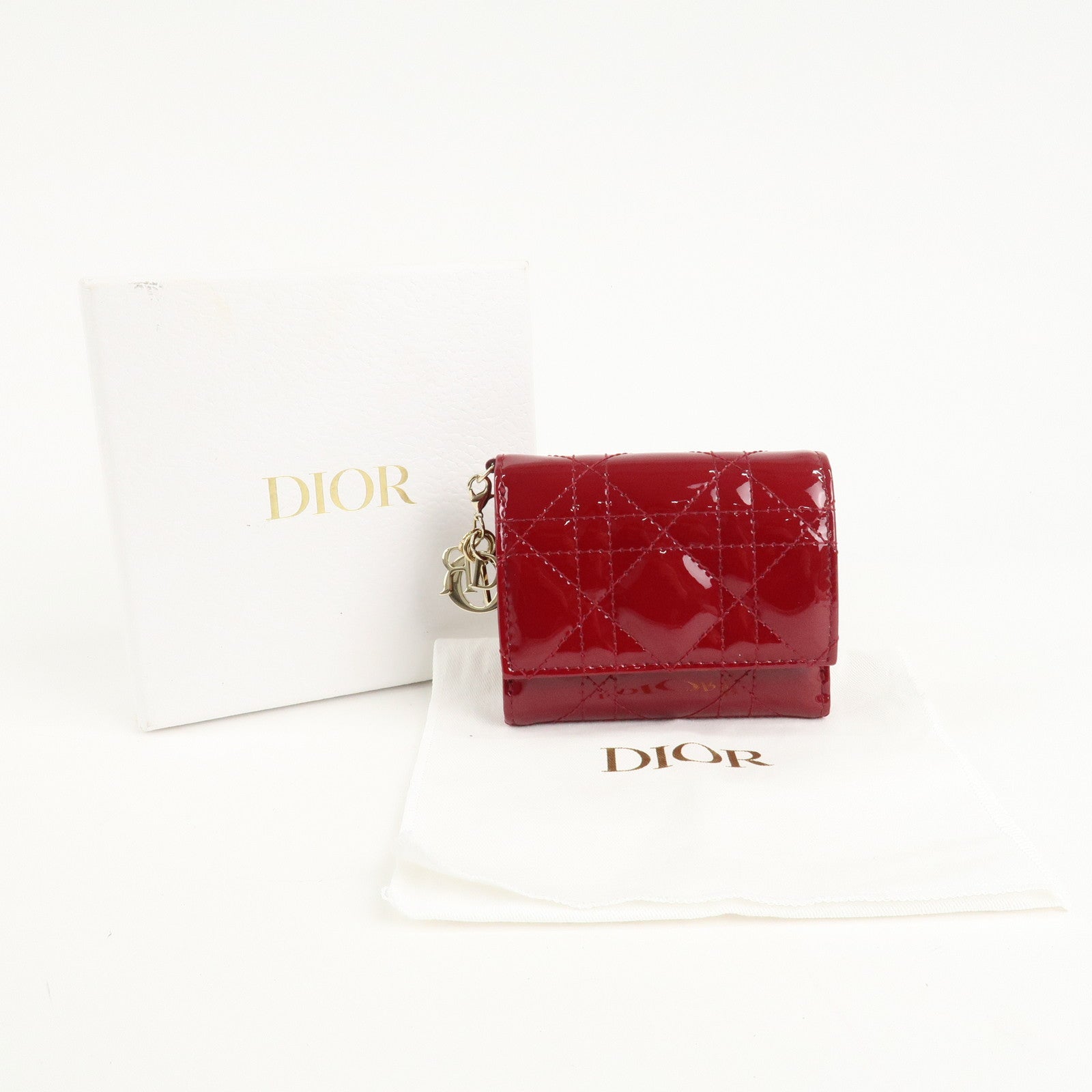 Christian Dior Cannage Lady Dior Leather Lotus Tri fold Wallet Red Used