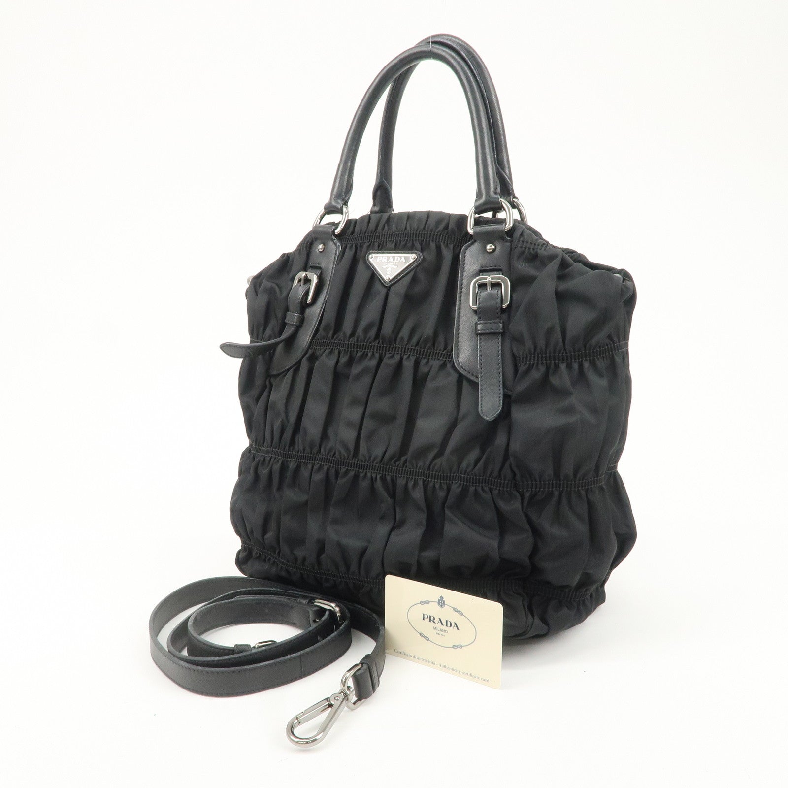 PRADA Logo Nylon Leather Gathered Shoulder Bag BN1616 Used