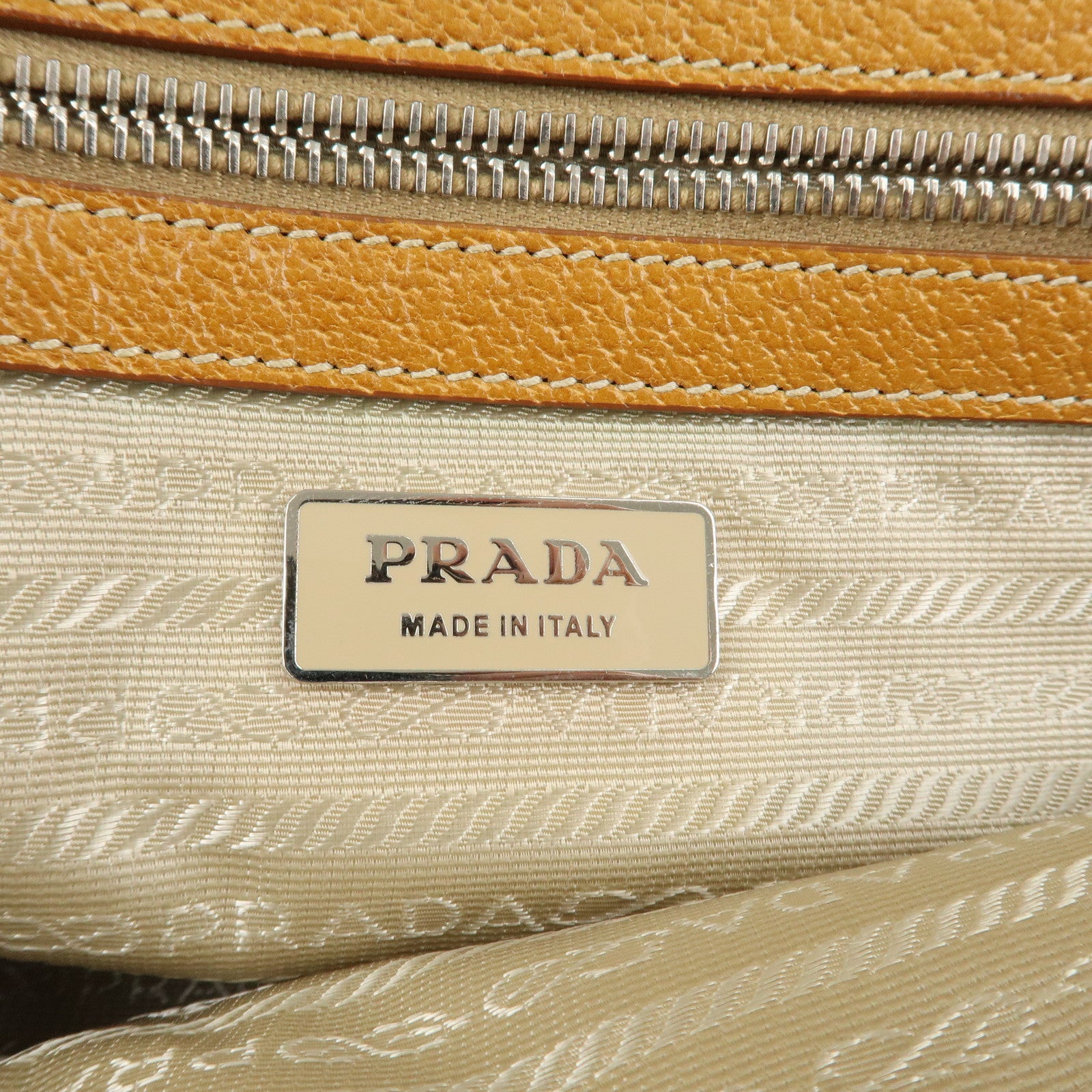 PRADA Canvas Leather Triangle Logo Boston Bag Ivory Brown Used