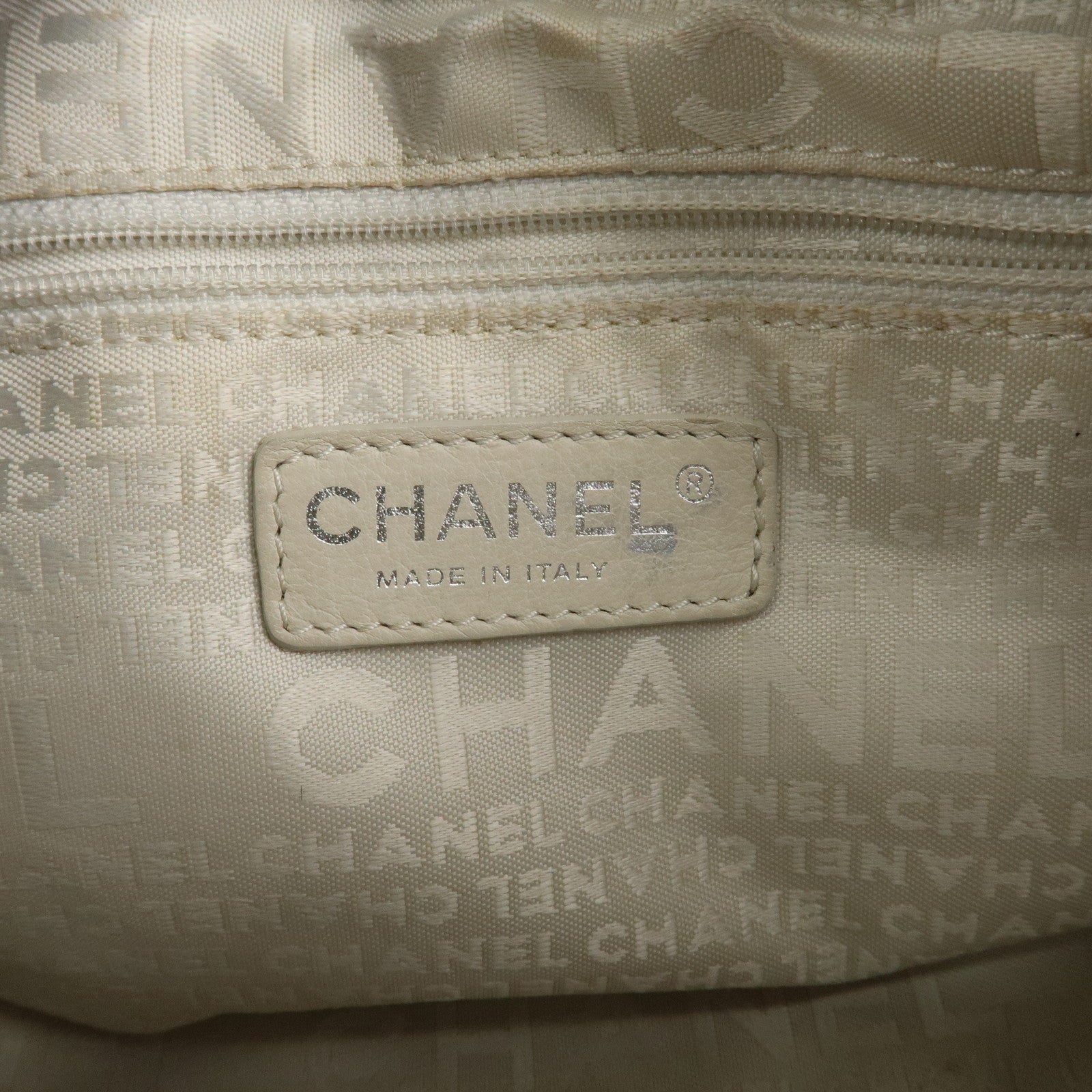 CHANEL Cotton Leather Chain Shoulder Bag Ivory Light Green Used