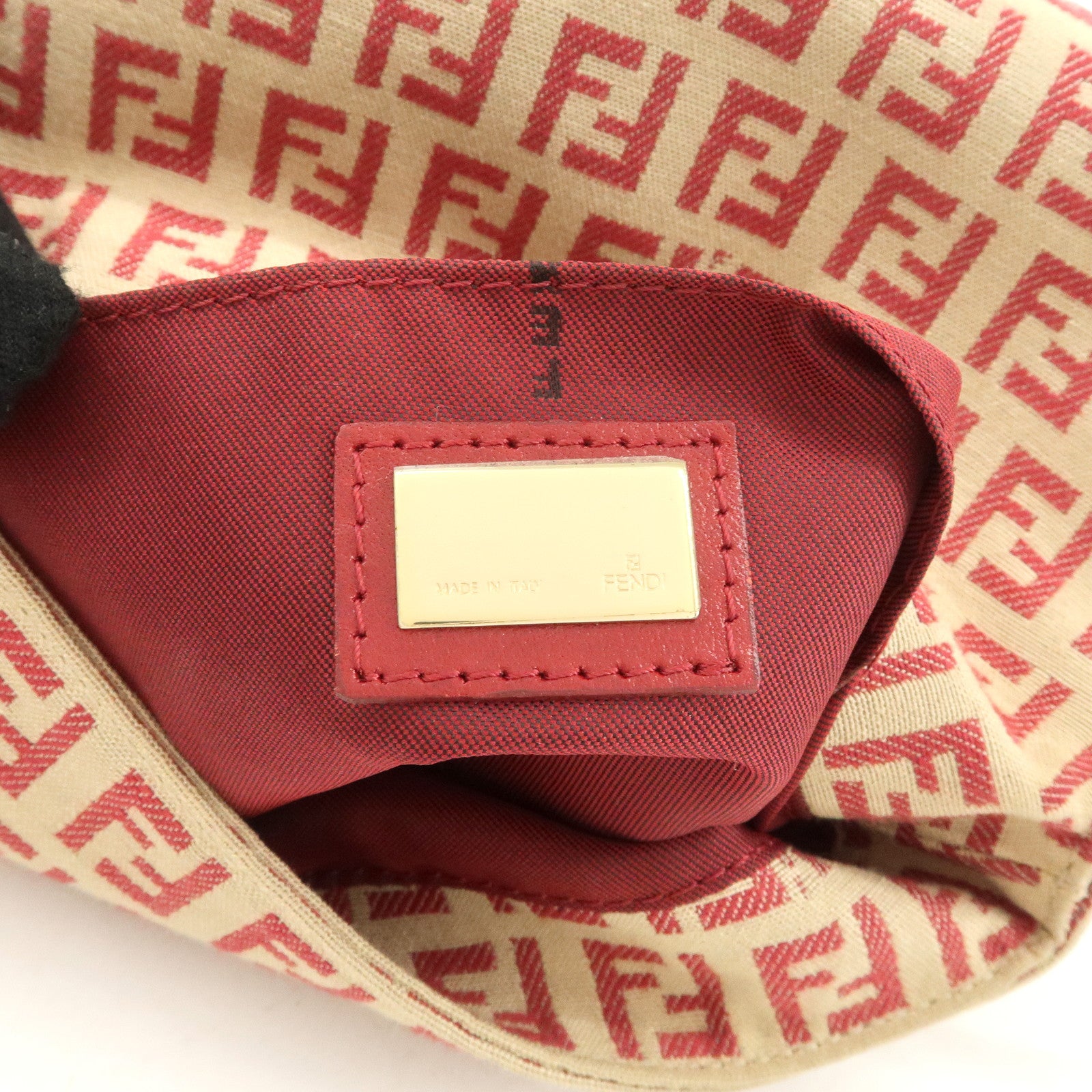 FENDI Zucchino Canvas Leather Shoulder Bag Beige Red 8BT075 Used