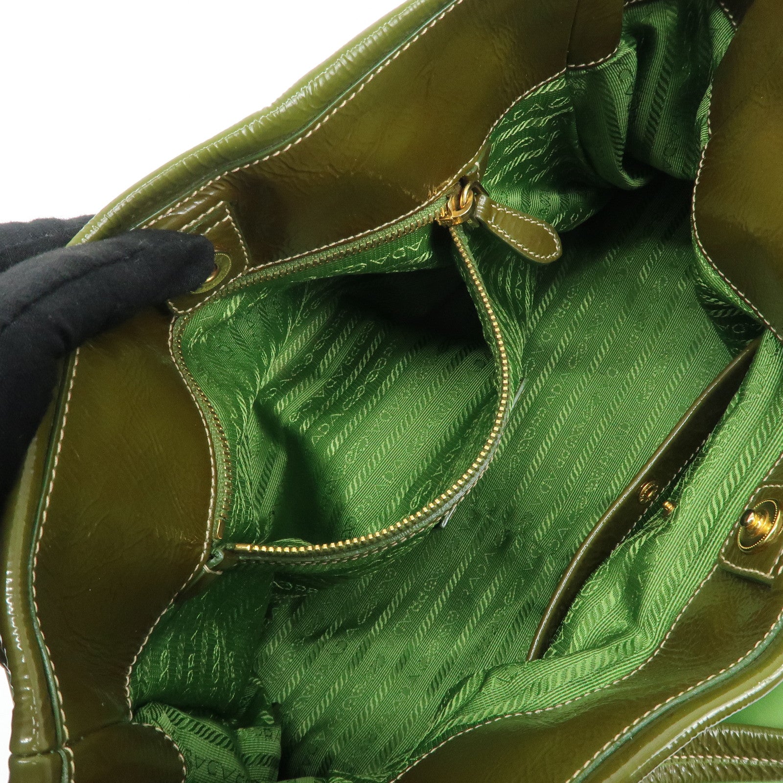 PRADA Nylon Patent Leather Tote Bag Shoulder Bag Green Khaki Used