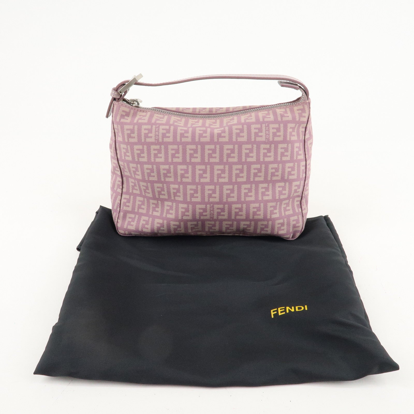 Auth FENDI Zucchino Canvas Leather Hand Bag Pouch Purple Beige 8N0005 Used F/S Used