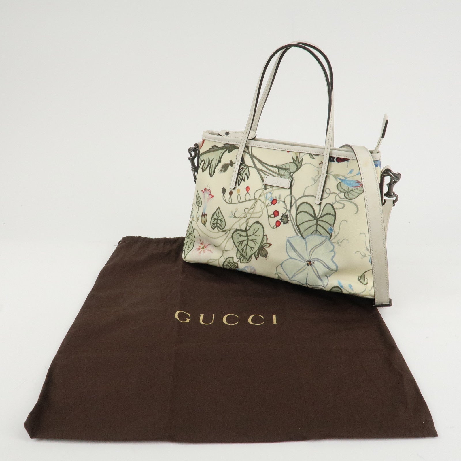 GUCCI Flora Canvas Leather 2WAY Hand Bag Ivory 353440 Used