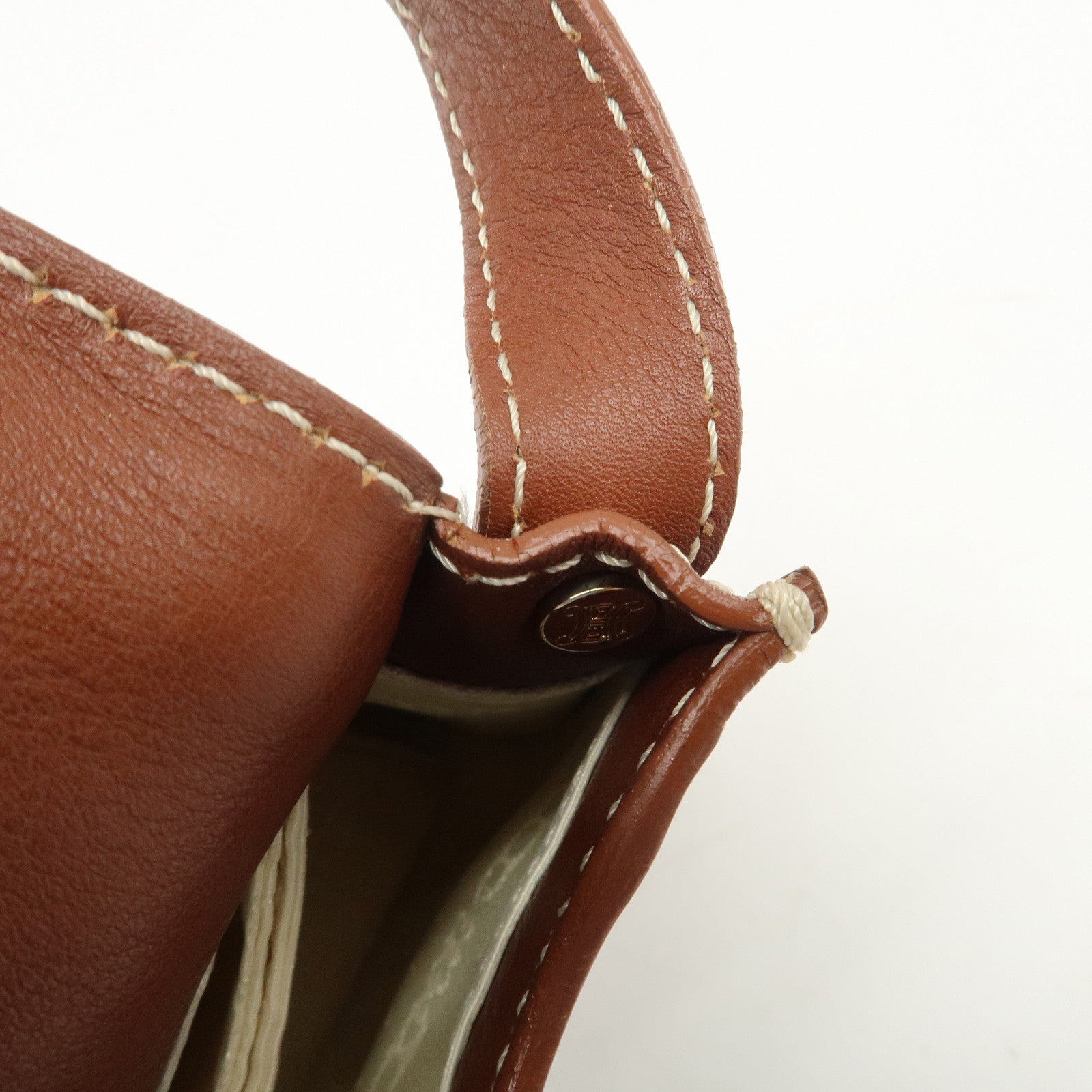 CELINE Macadam Canvas Leather Shoulder Bag Beige Navy Brown Used