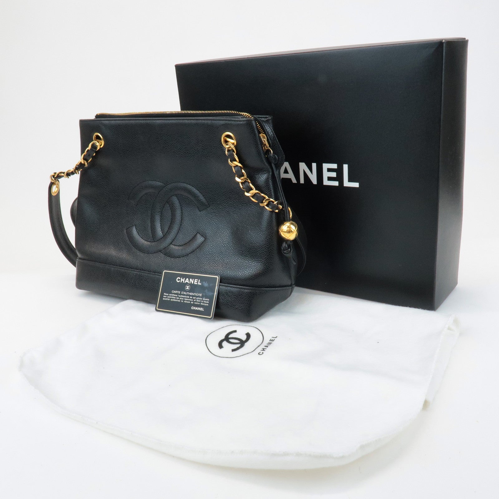 CHANEL COCO Mark Caviar Skin Chain Shoulder Bag Black Used