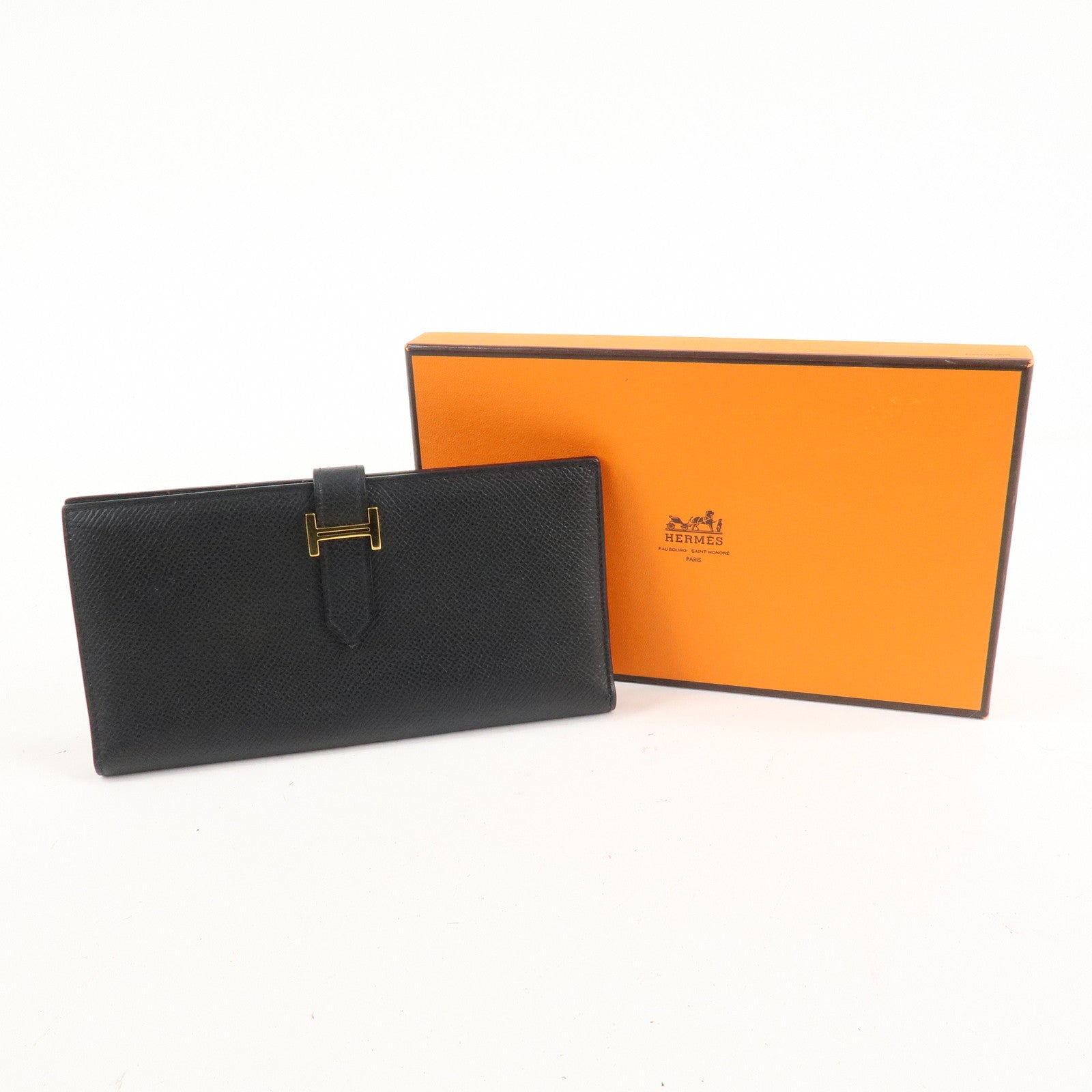 HERMES Leather Bearn Long Wallet M Stamped (around 2009) Black Used
