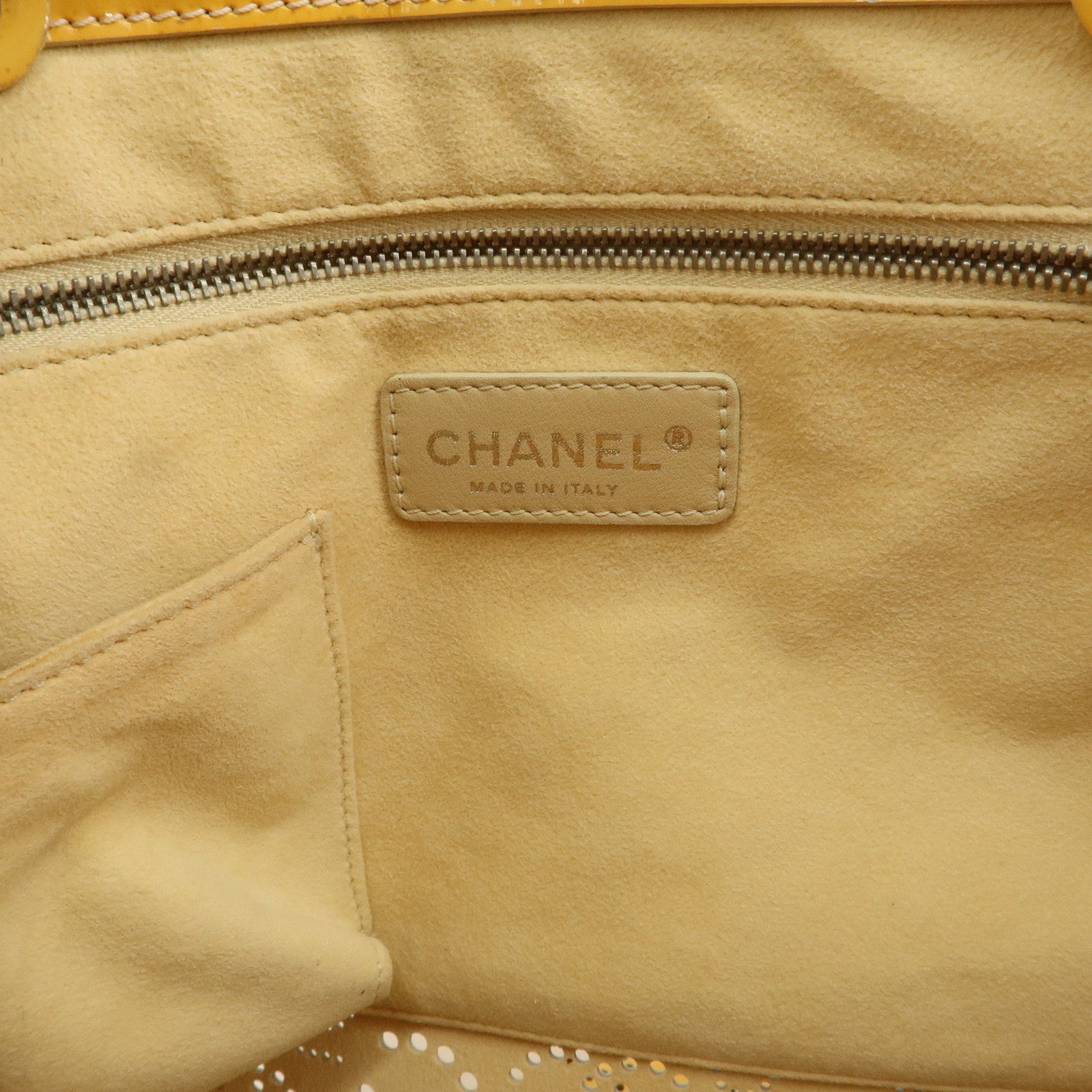 CHANEL COCO Mark No.5 Patent Leather Punching Hand Bag Yellow Used