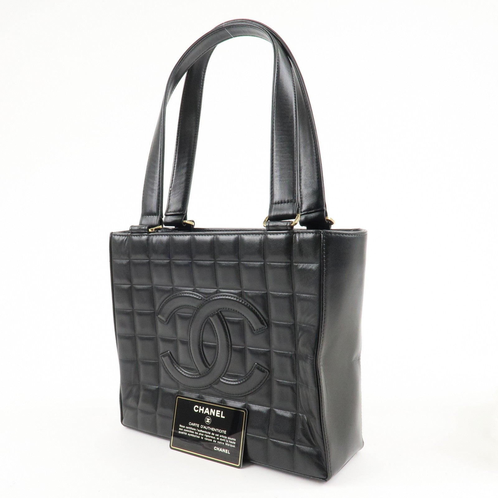 CHANEL Chocolate Bar Lamb Skin COCO Mark Tote Bag Hand Bag A17809 Used