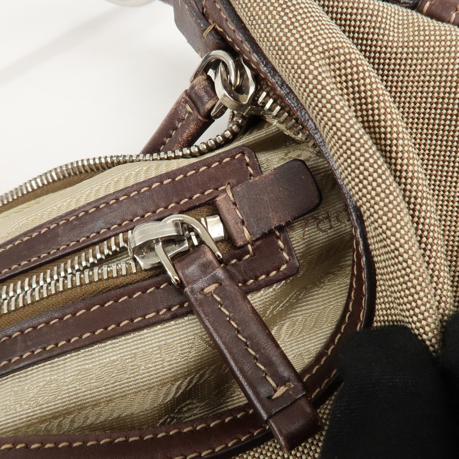 PRADA Logo Jacquard Leather Shoulder Bag Beige Brown Used