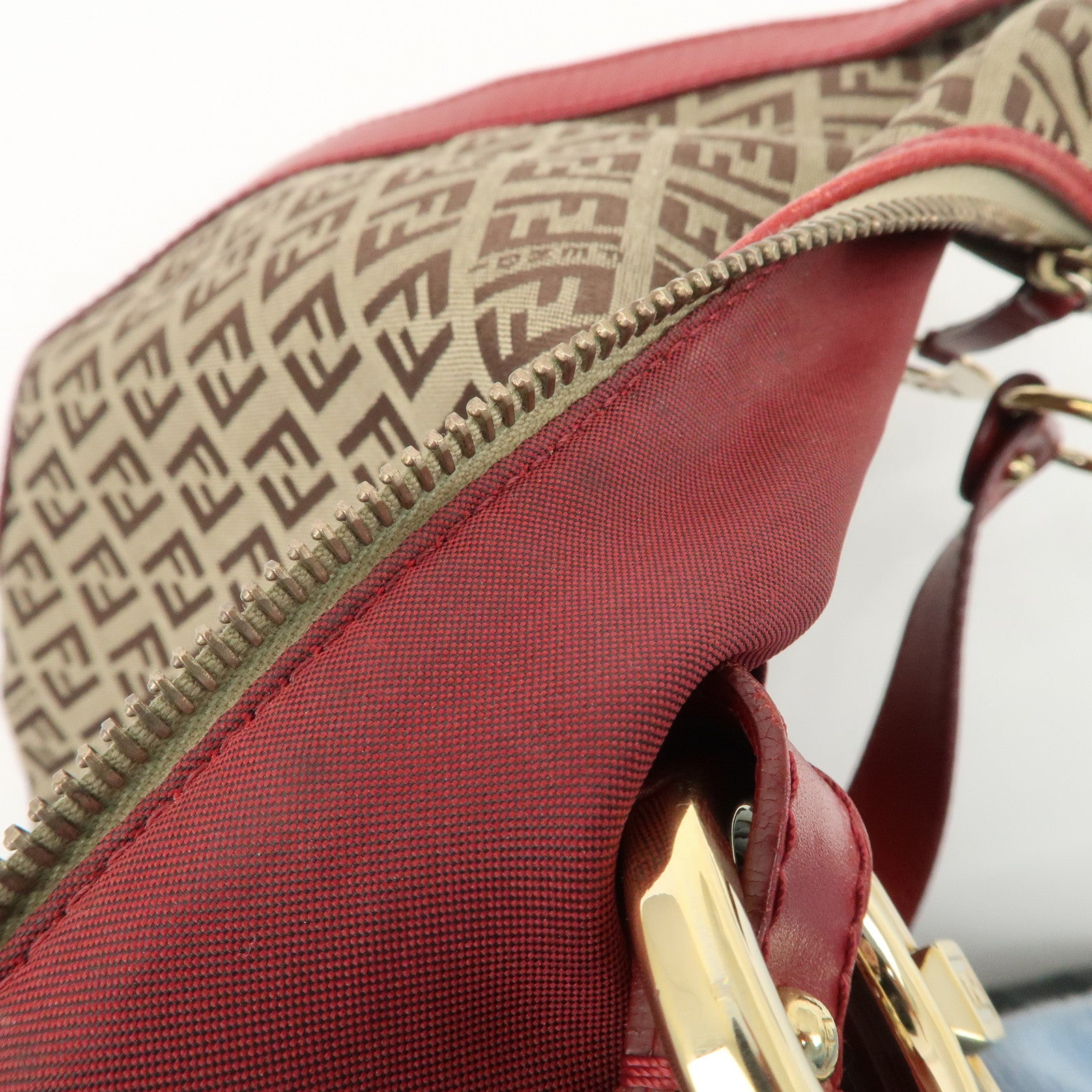 FENDI Zucchino Canvas Leather Shoulder Bag Khaki Brown Red 8BR465 Used