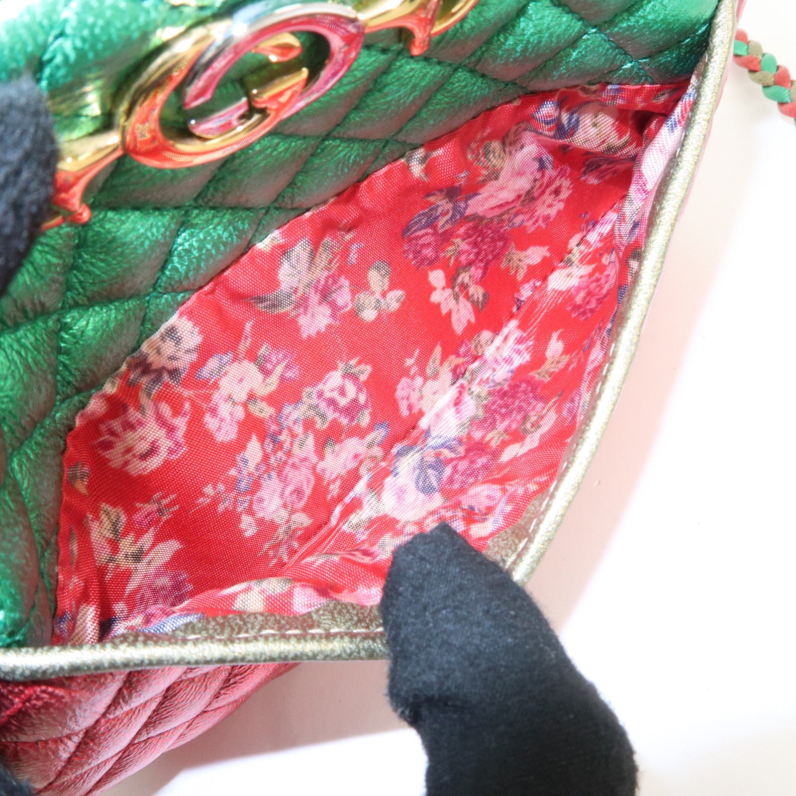 GUCCI Laminate Quilting Leather Shoulder Bag Green Red Gold 534951 Used